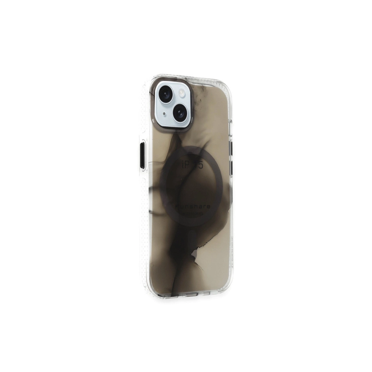 Siyah mermer desenli ve iki kamera lensli şeffaf telefon kılıfı.