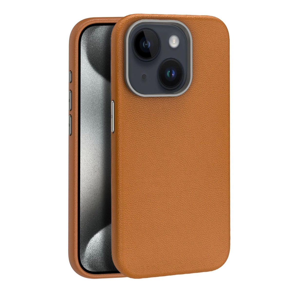 Arkada iki kamerası olan kahverengi deri iPhone kılıfı.