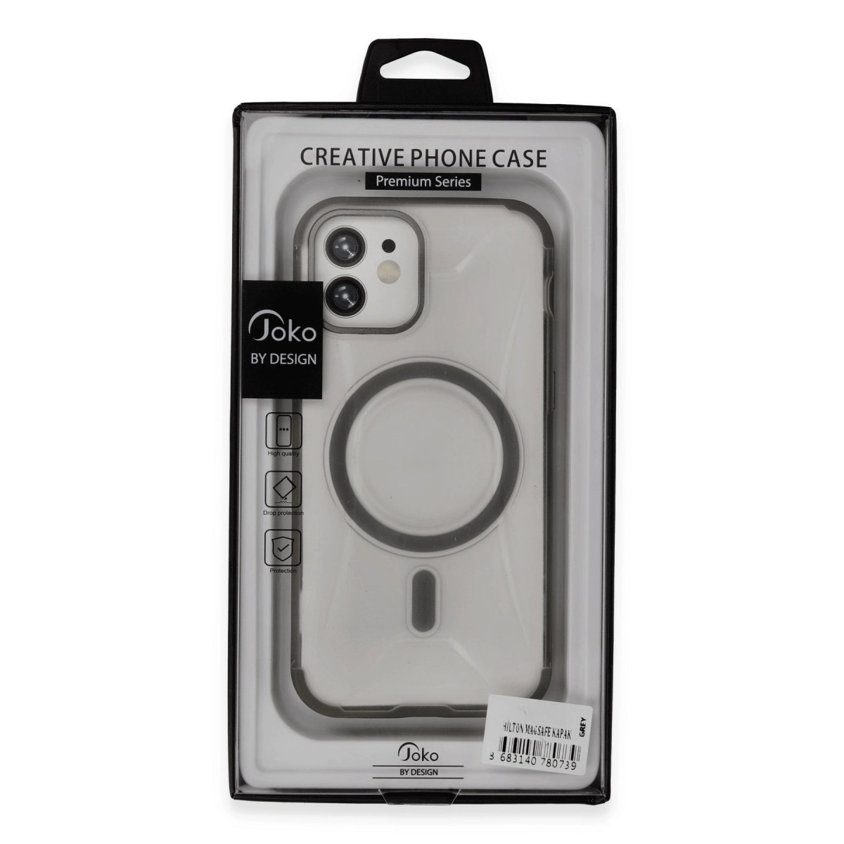 Markalı şeffaf MagSafe iPhone kılıfı paketinde. Yüksek kaliteli, düşmeye karşı korumalı.