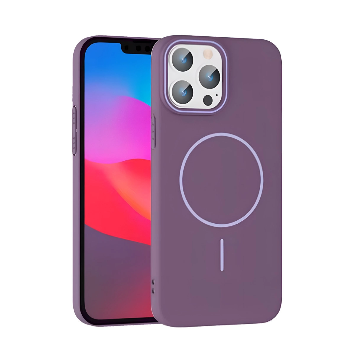 Kamera ve daire deseni gösteren kılıflı mor bir telefon.