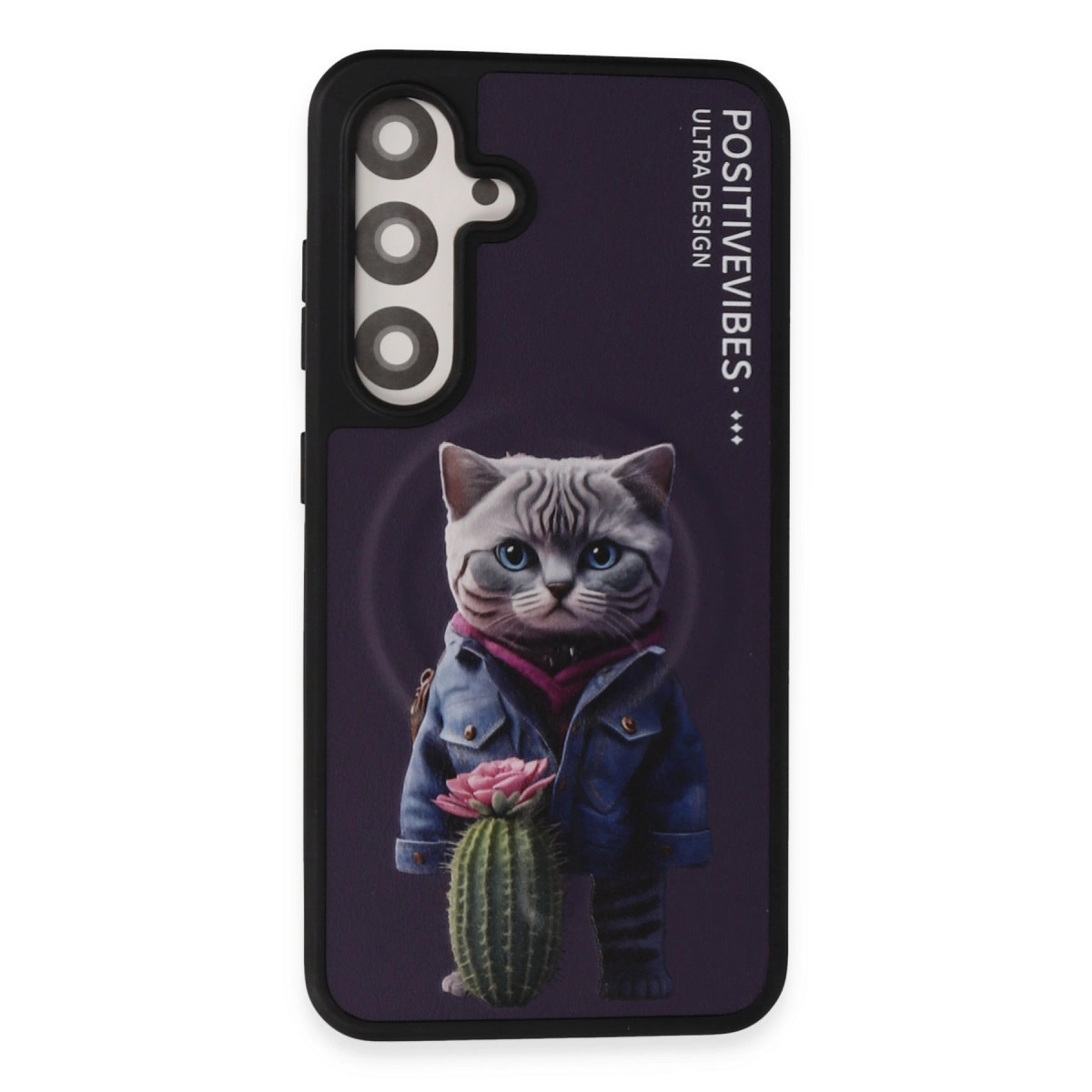 Ceket giymiş, çiçek tutan stilize edilmiş bir kedi içeren telefon kılıfı.