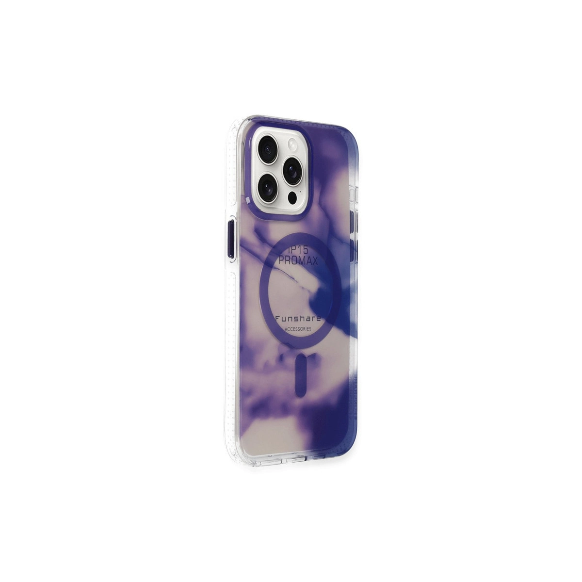 iPhone 15 Pro Max için mor ve mavi mermer desenli şeffaf telefon kılıfı.