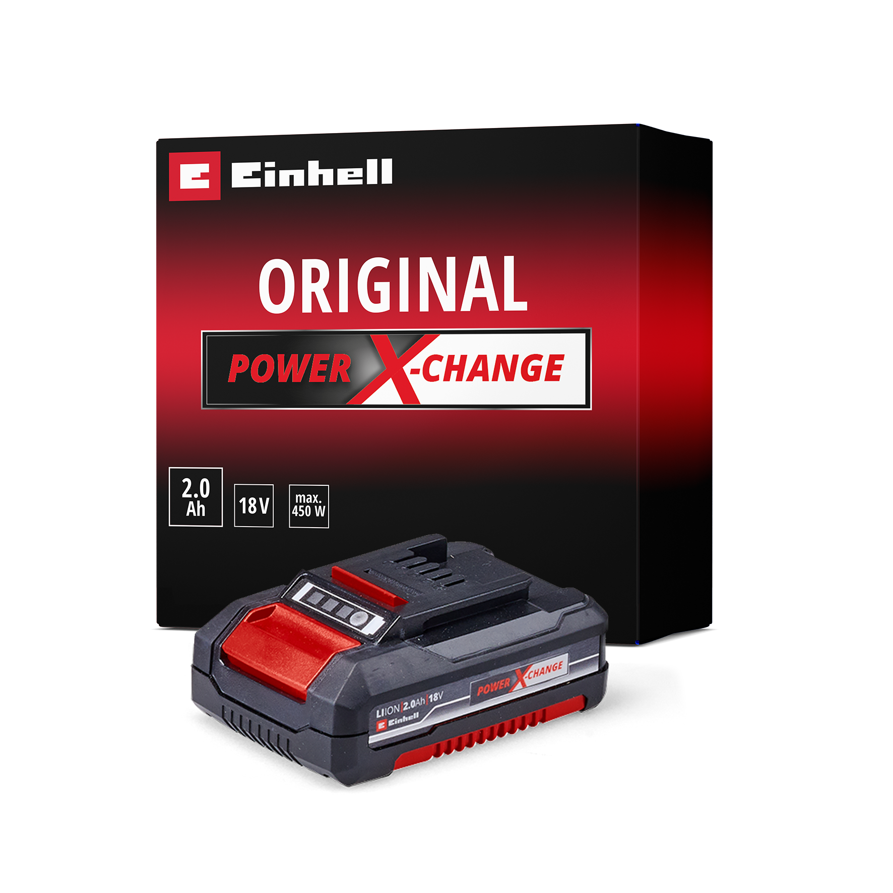 Batteria Einhell con indicatore di carica e confezione, 18V, 2.0Ah, 450W.