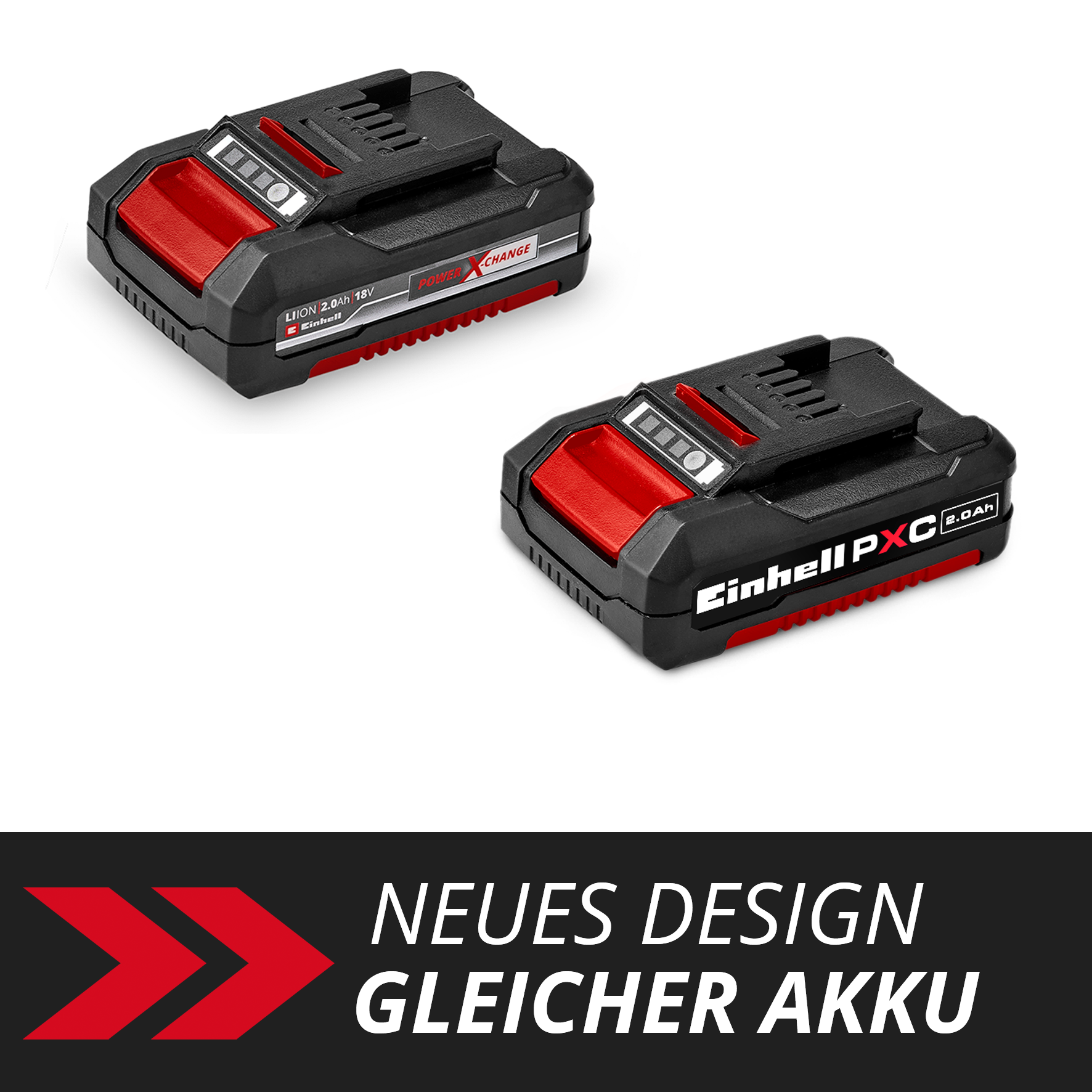 Due batterie Einhell PXC nere e rosse su sfondo bianco.