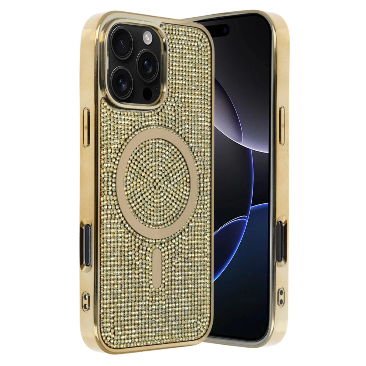 Altın rengi iPhone kılıfı, taşlı ve MagSafe halkalı, bir iPhone yanında.