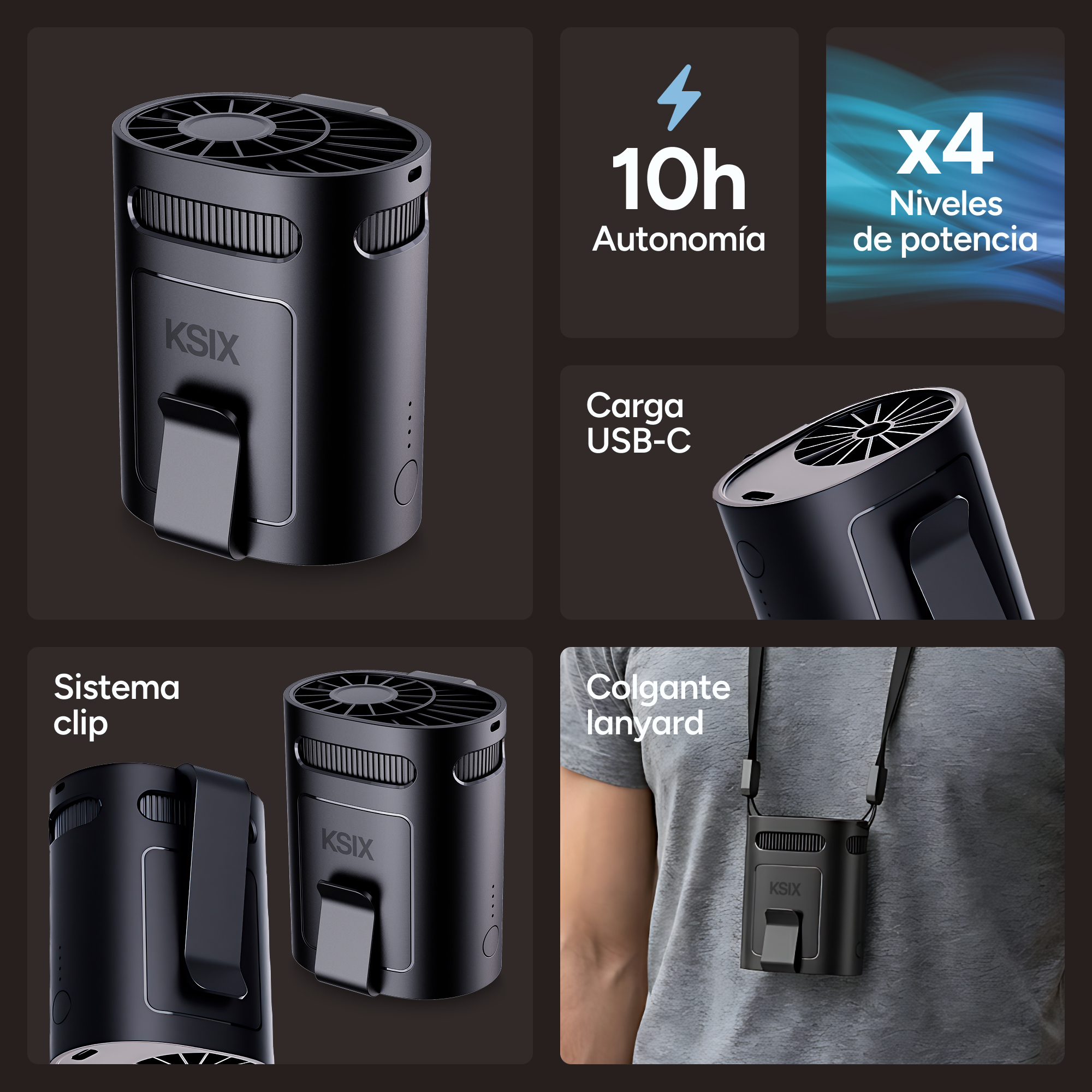 Ventilador KSIX negro con clip, cordón, USB-C, batería 10h y 4 niveles potencia.
