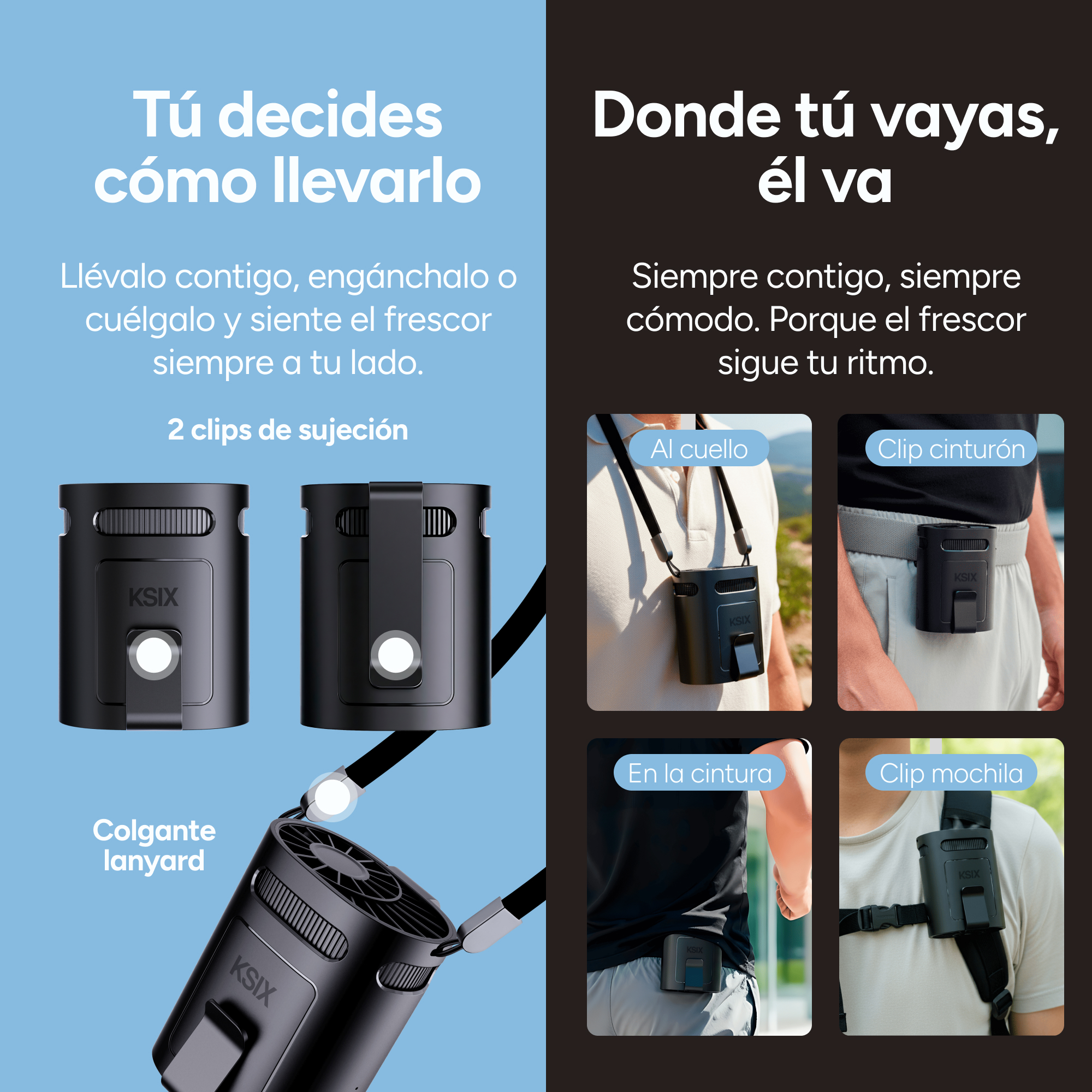 Ventilador KSIX negro con accesorios: correa cuello, clip cinturón, clip cintura.