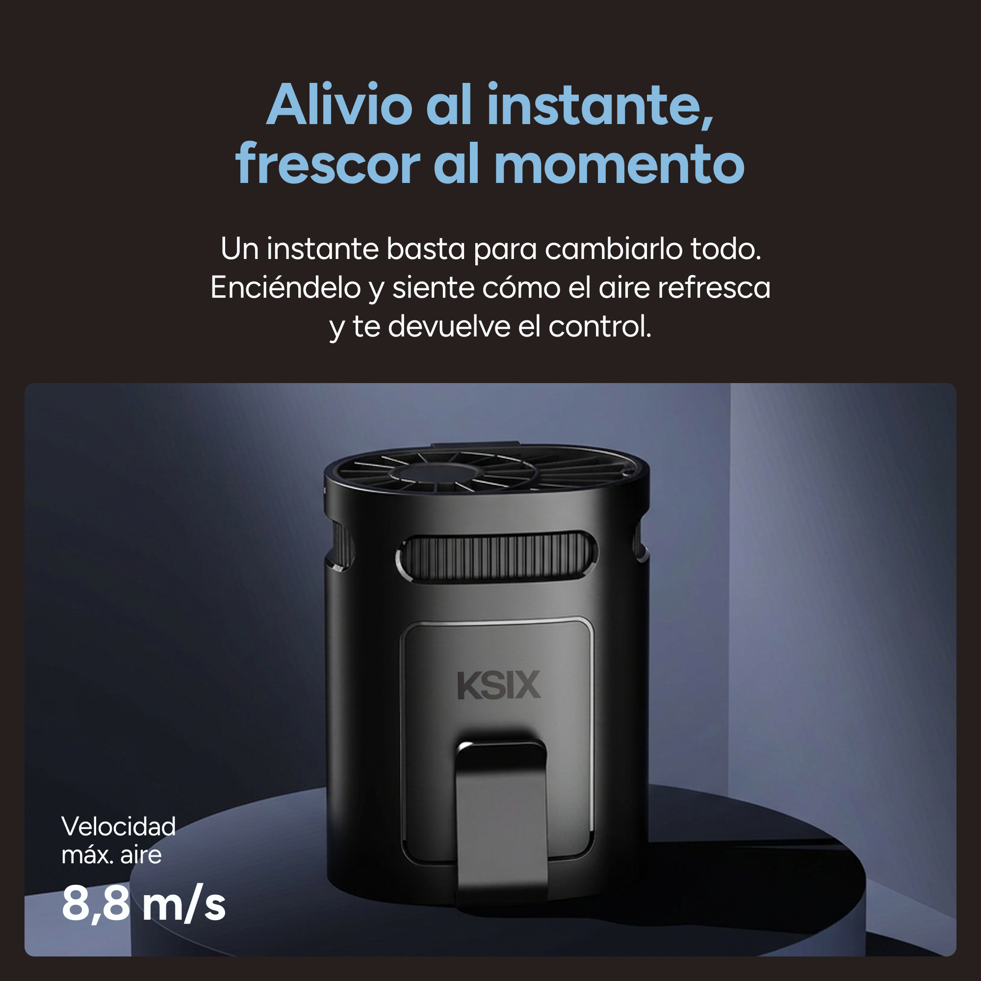 Un enfriador de aire KSIX negro con velocidad máxima de aire de 8,8 m/s.