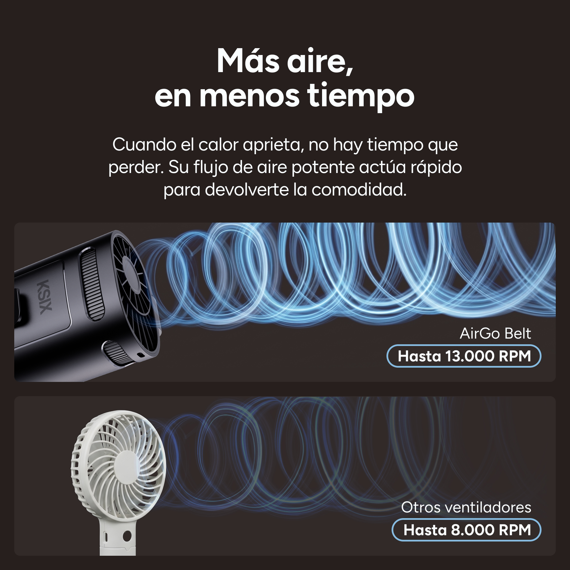Un ventilador negro y uno blanco con flujos de aire; el negro tiene 13.000 RPM.