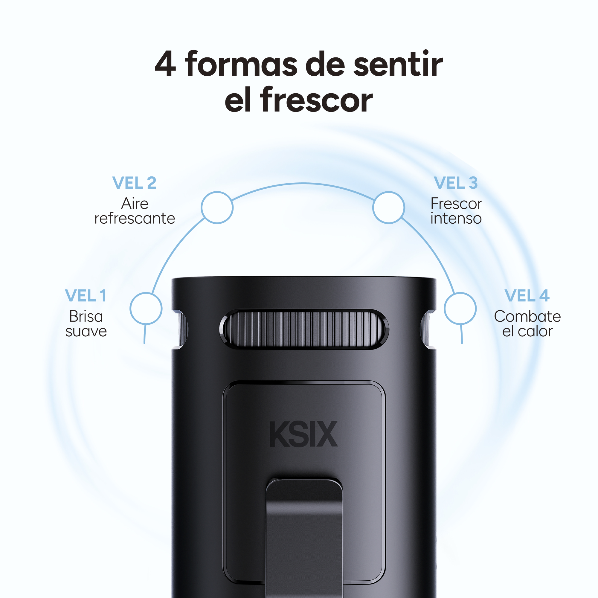 Un dispositivo negro con cuatro velocidades para frescor: brisa suave, aire refrescante, frescor intenso, combate el calor.