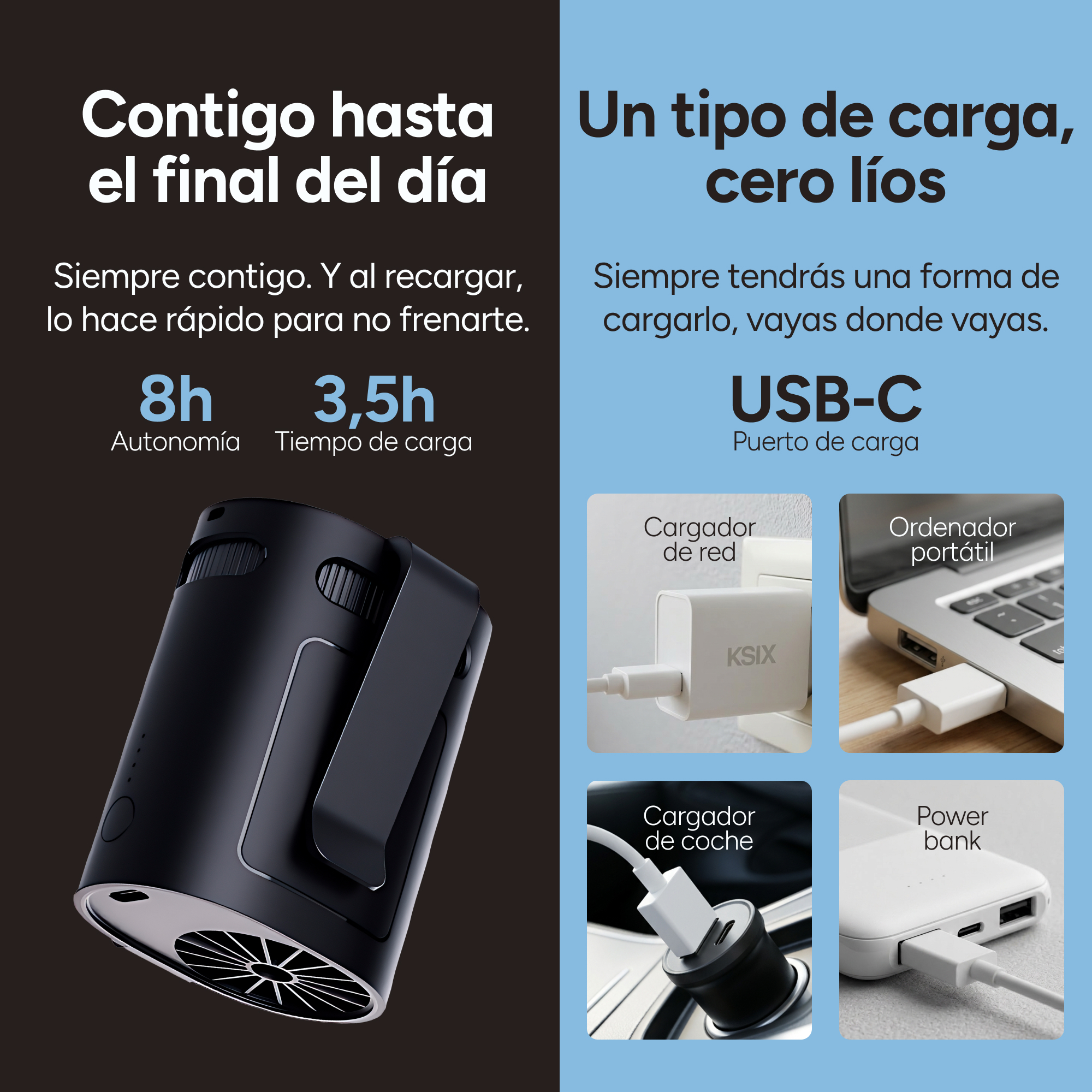 Cargador USB-C negro con luces indicadoras de carga y puerto.