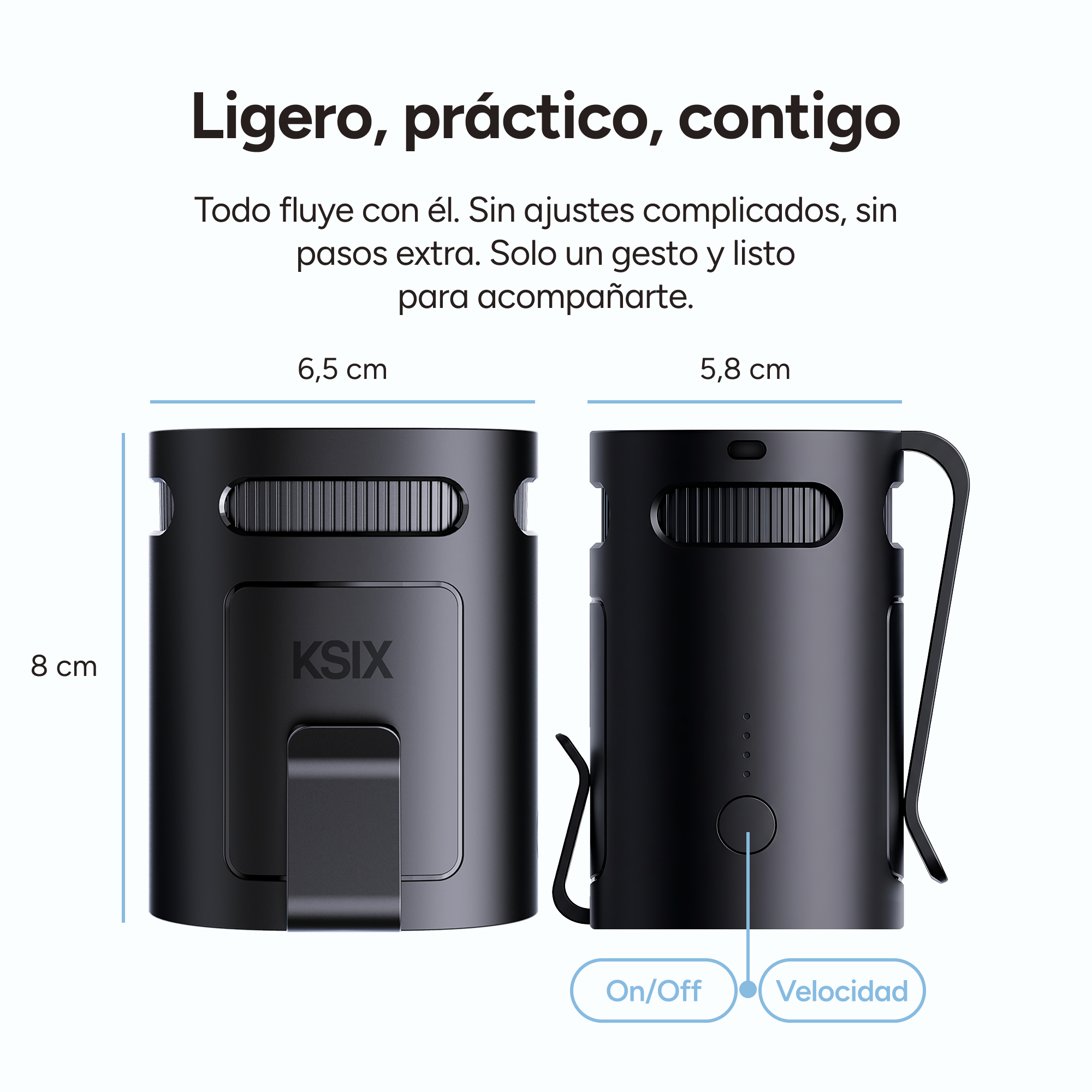 Dos dispositivos KSIX negros mostrando dimensiones, encendido/apagado y etiquetas de velocidad.