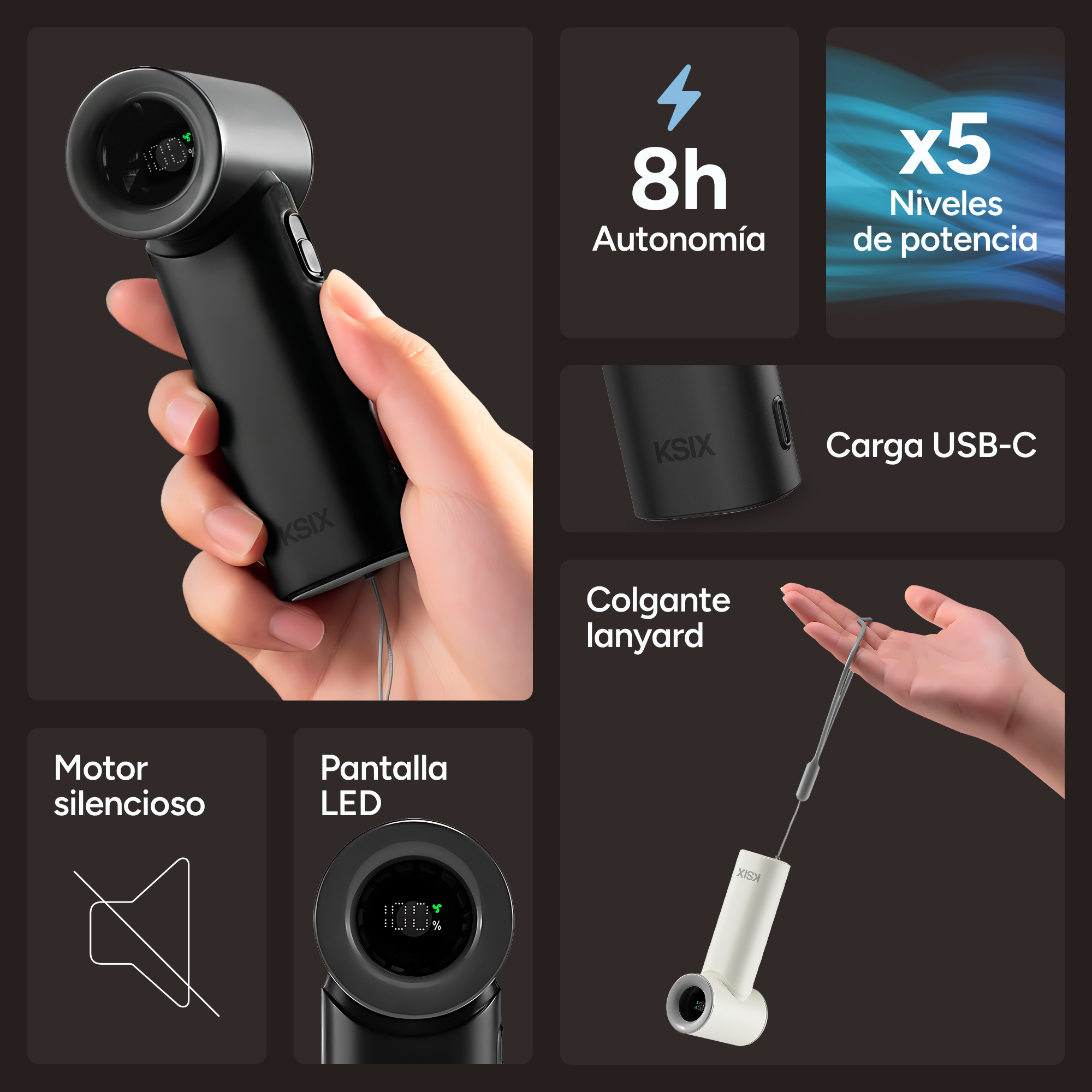 Un dispositivo KSIX negro con pantalla LED, sostenido por una mano, con iconos de batería y puerto de carga.