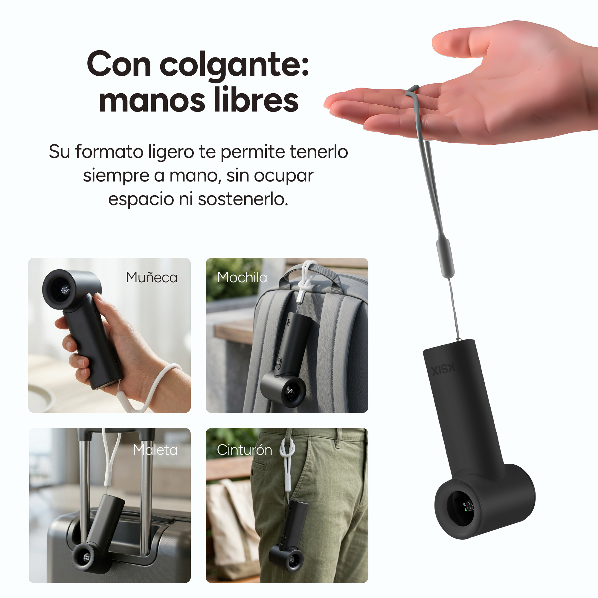 Dispositivo KSİX negro con cordón, sujeto a muñeca, mochila, maleta y pantalón.