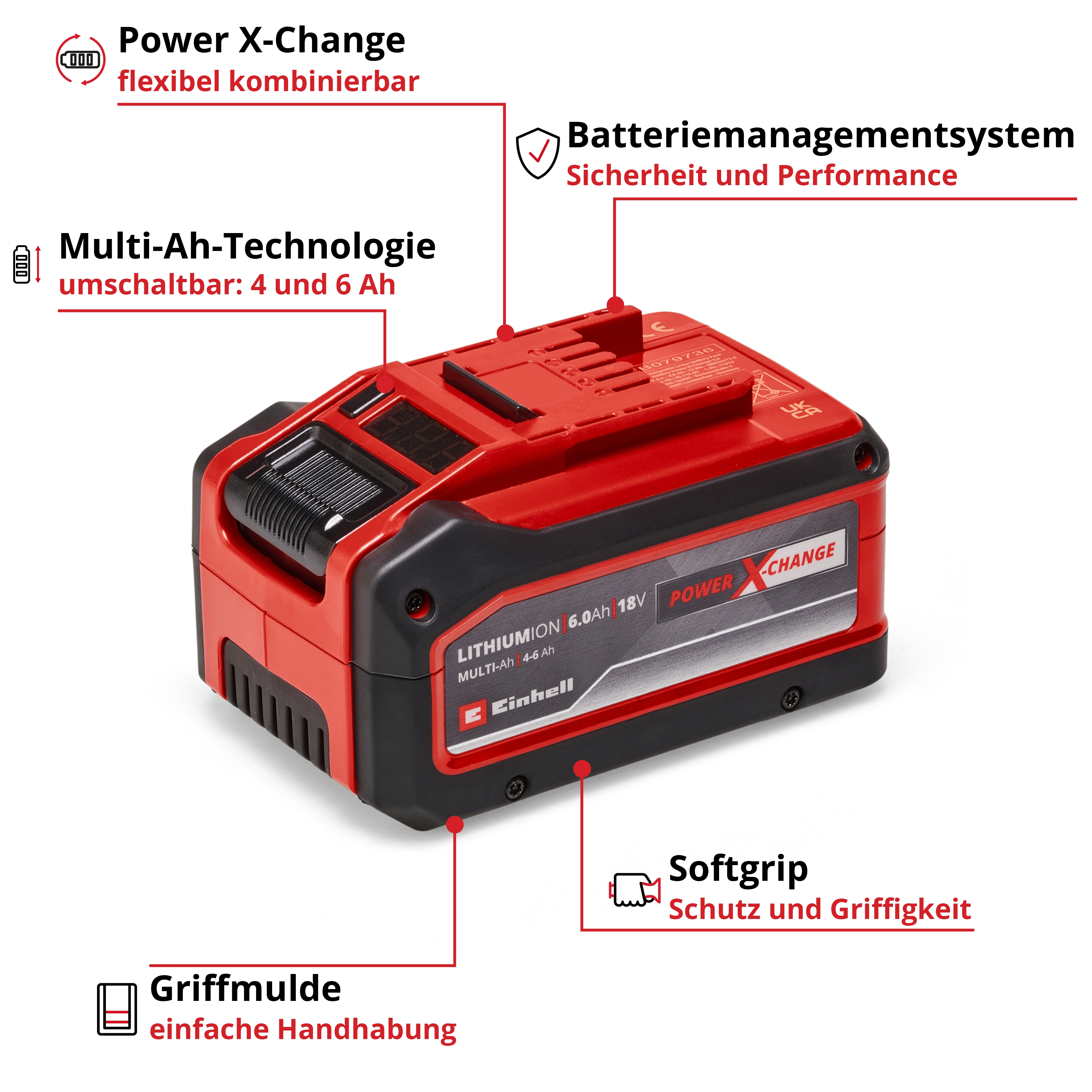 Batteria rossa e nera con etichette Power X-Change e 6.0Ah 18V.