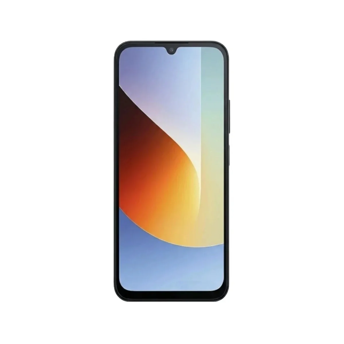Czarny smartfon z wycięciem w kształcie kropli i kolorową tapetą.