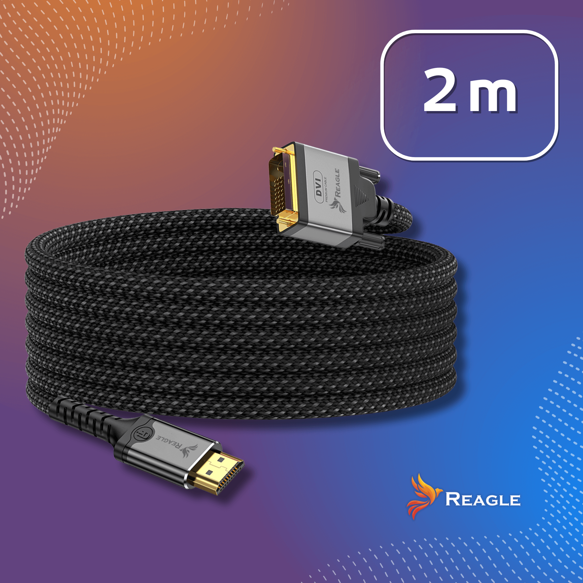 Czarny kabel DVI na HDMI o długości 2m ze złotymi złączami i logo Reagle.