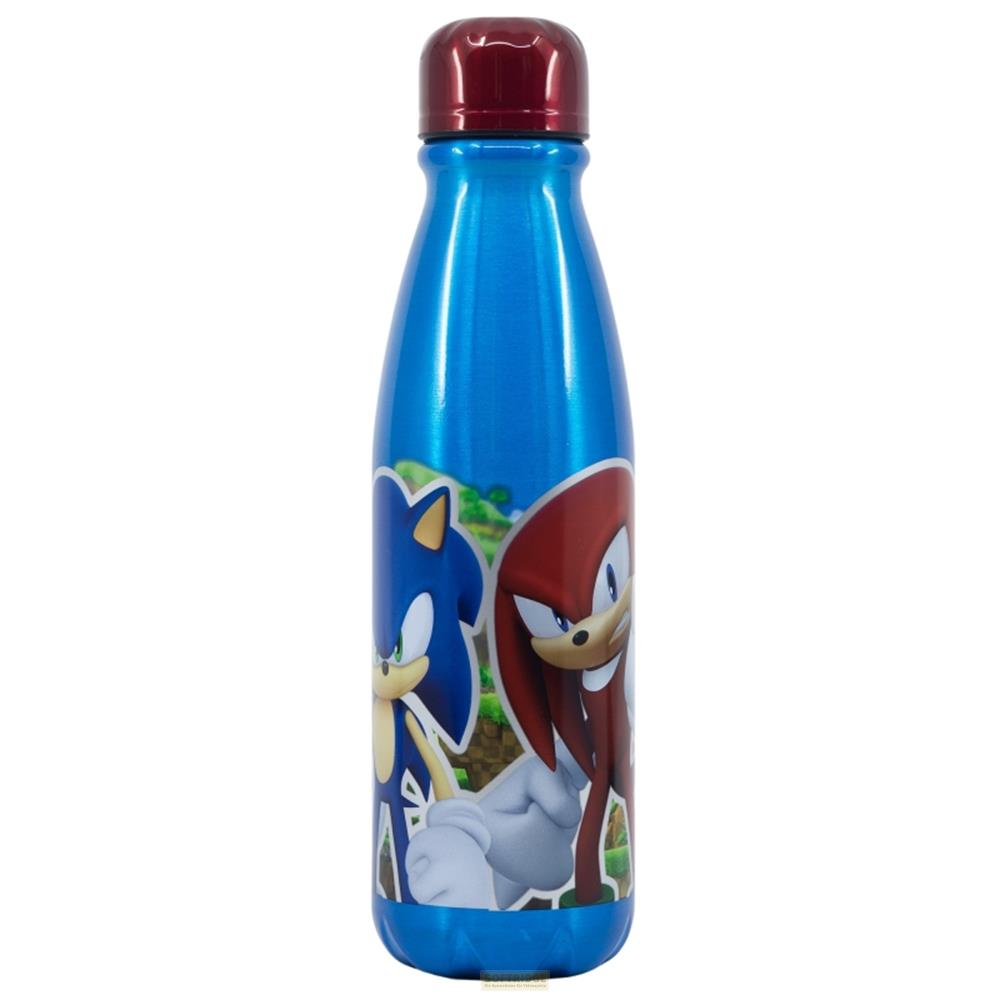 Botella azul con Sonic y Knuckles ante un paisaje verde.