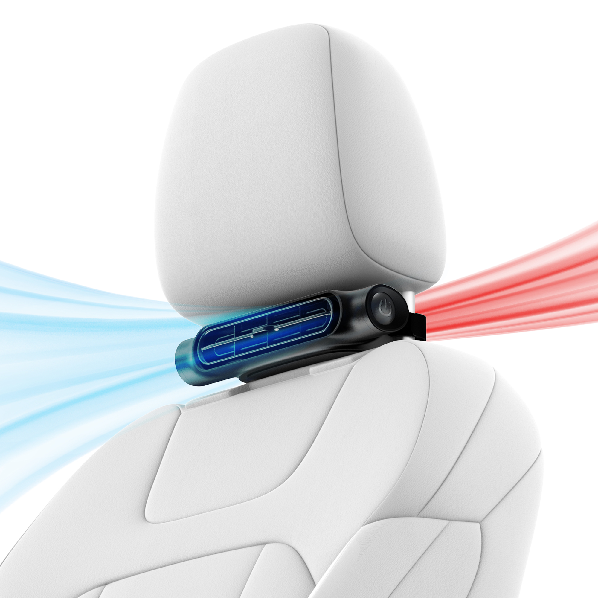 Un dispositivo negro con flujo de aire azul y rojo en un asiento de coche blanco.