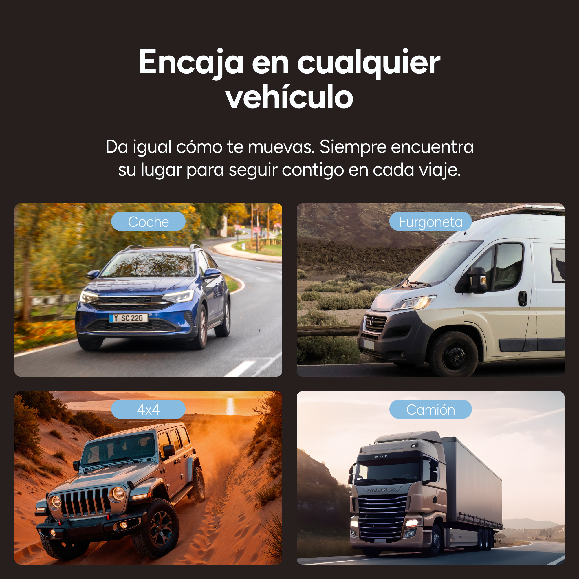 Cuatro vehículos: coche azul, furgoneta blanca, Jeep en arena, camión.