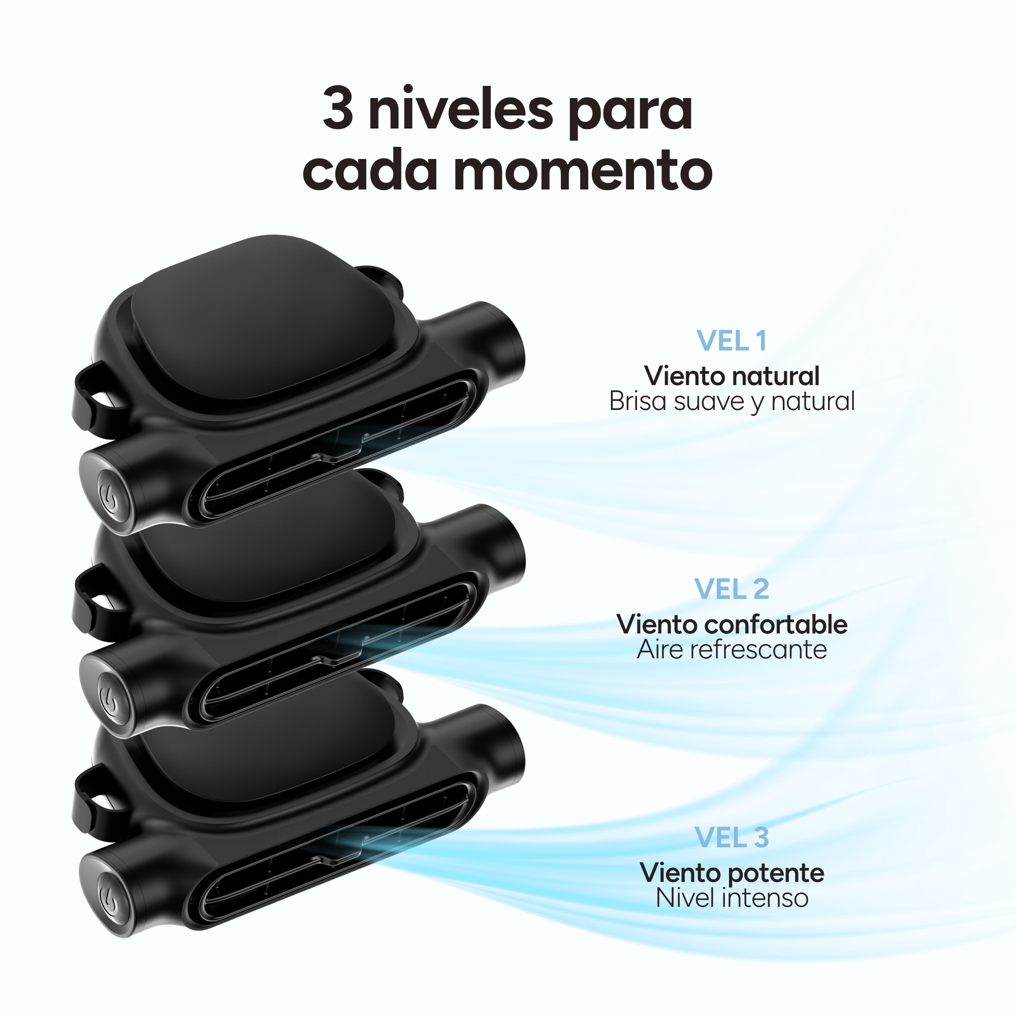 Tres unidades de ventilador negras apiladas con iconos de flujo de aire.