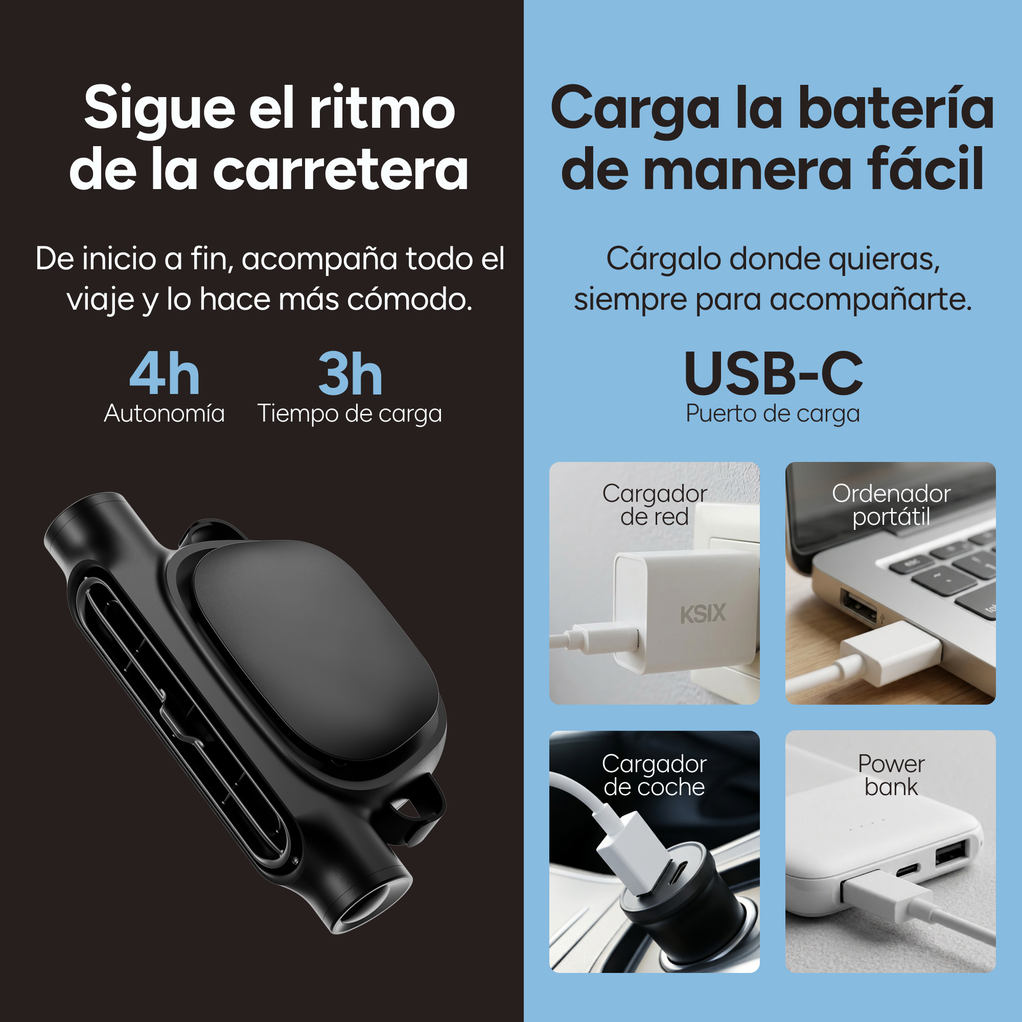Un cargador de coche negro con USB-C y ejemplos de carga.