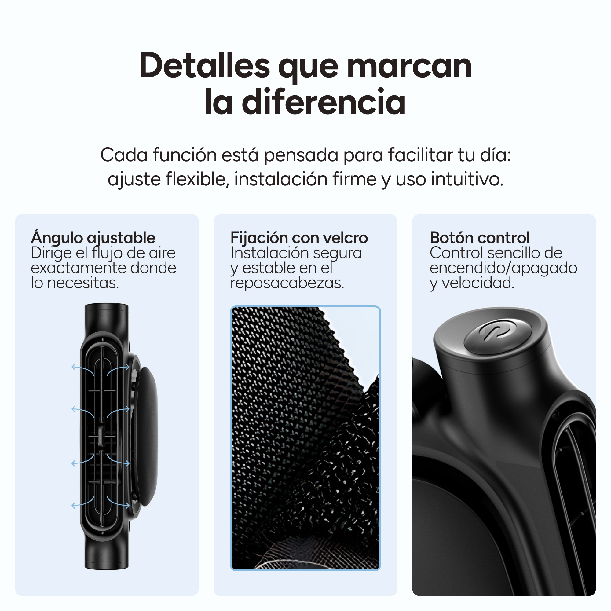 Vistas detalladas de un ventilador negro: ángulo ajustable, fijación de velcro, botón.