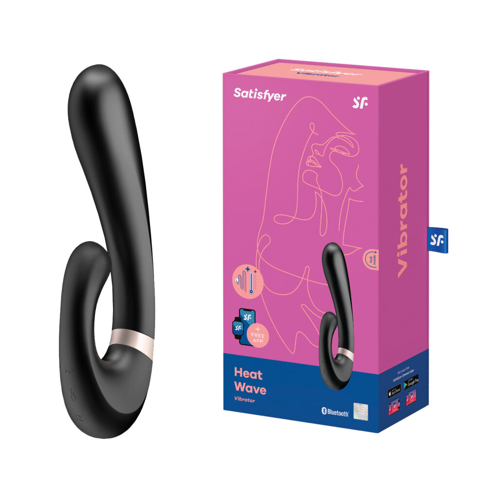 Schwarzer Vibrator neben einer pinken Verpackung mit Frauengesicht und Text.