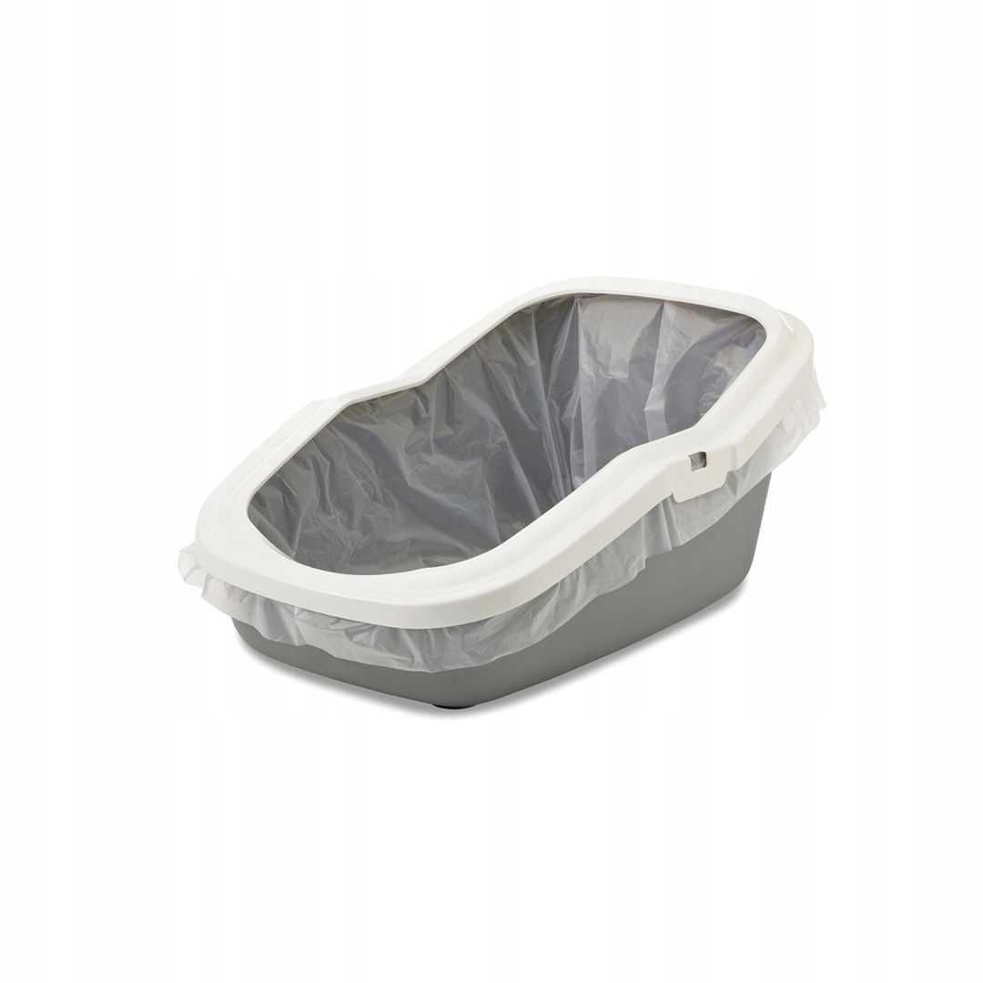Lettiera grigia con bordo bianco, foderata con sacchetto di plastica trasparente.
