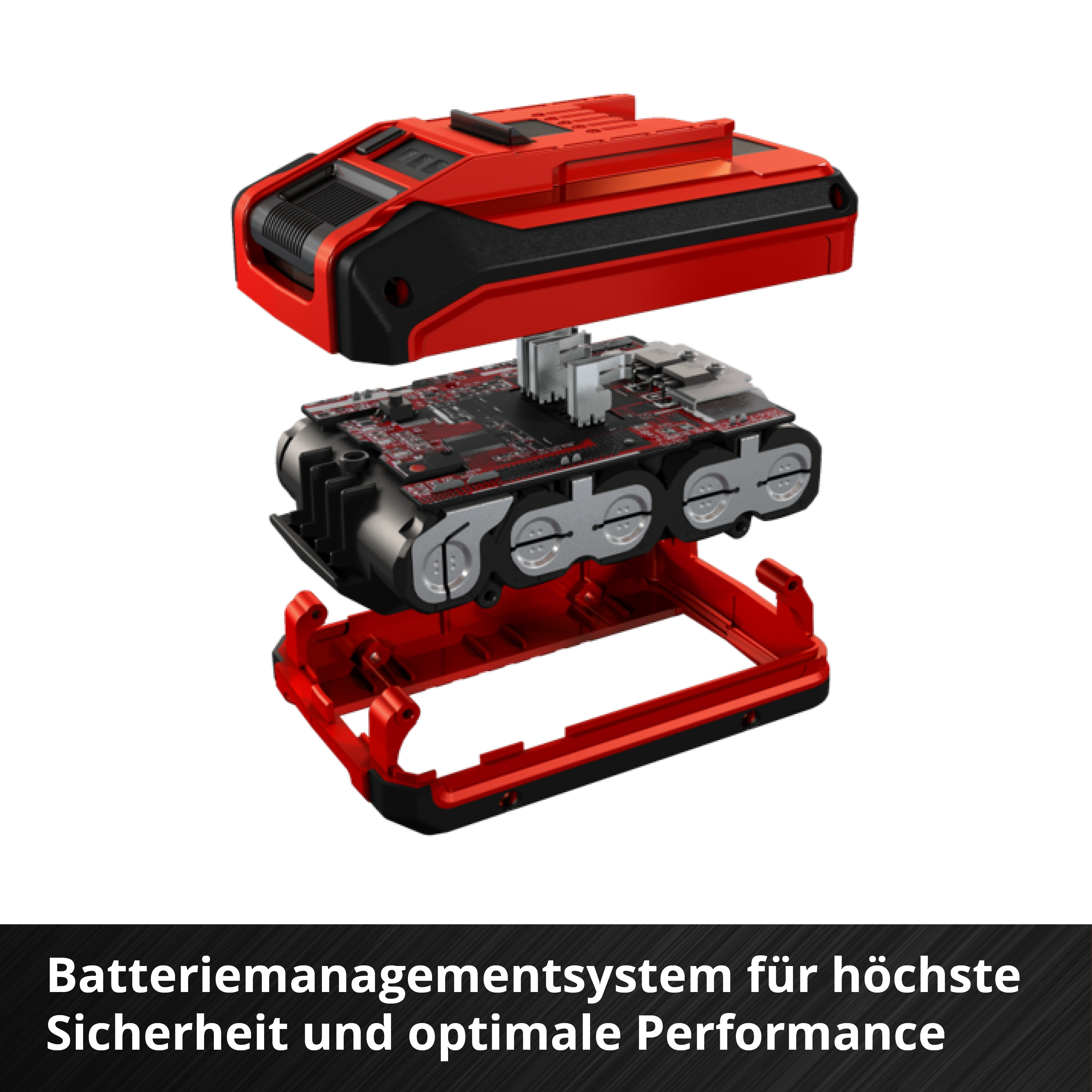 Vista esplosa di un pacco batteria rosso con scheda e celle.
