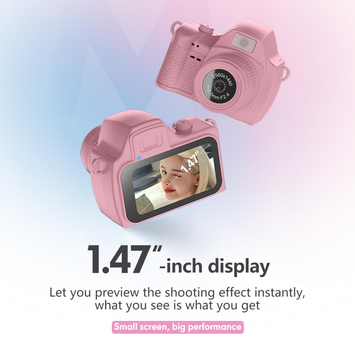 Zwei pinke Digitalkameras, eine zeigt ein Mädchen auf ihrem 1,47-Zoll-Bildschirm.