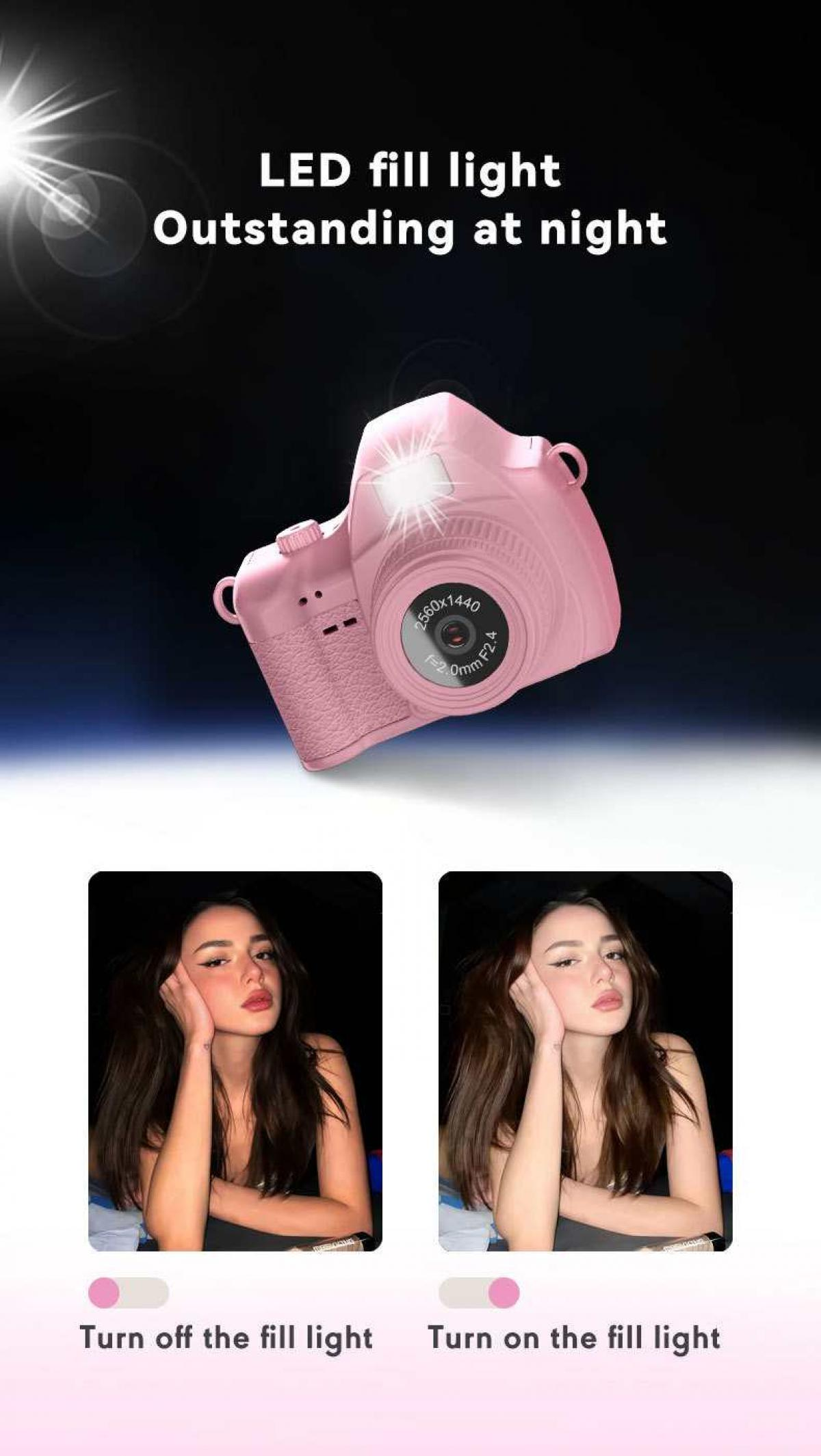 Eine rosa Kamera mit LED-Licht und zwei Fotos einer Frau.