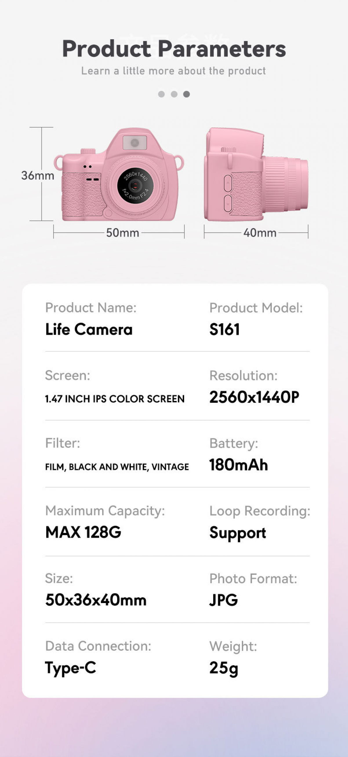 Pinke Digitalkamera Maße: 50x36x40mm. Specs: 1,47" Bildschirm, 128GB max. Kapazität, Type-C.