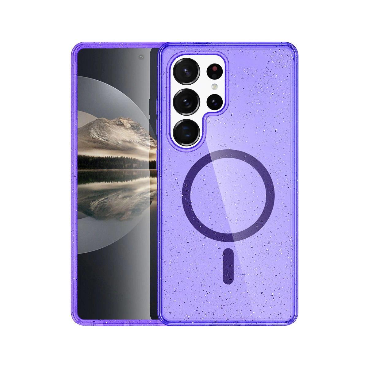 Telefonda kamera ve manyetik halkalı mor simli telefon kılıfı.