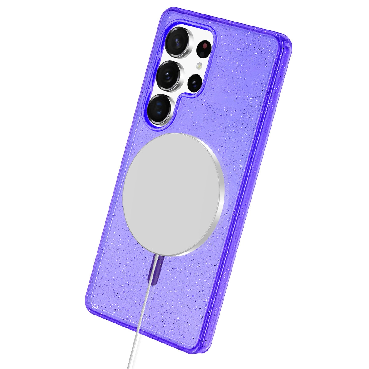 Gümüş yuvarlak mıknatıslı, mor simli telefon kılıfı.
