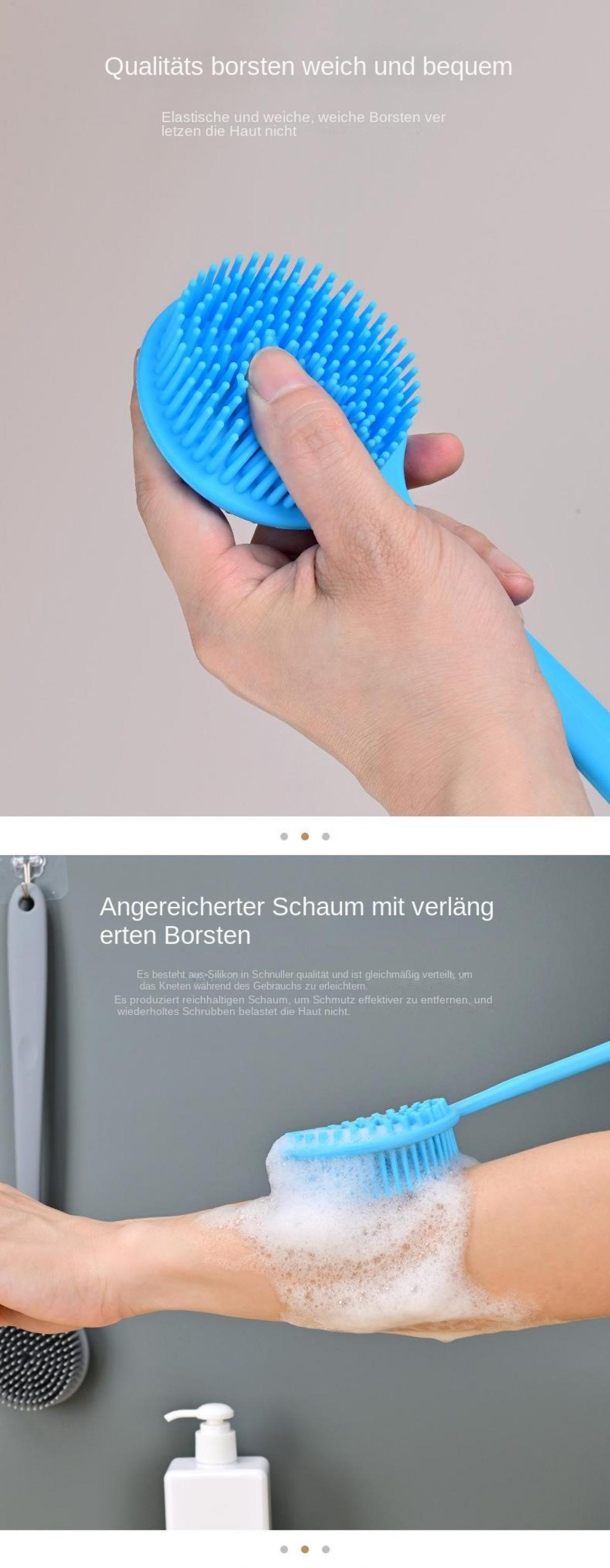 Eine Hand hält eine blaue Silikonbürste mit weichen Borsten.