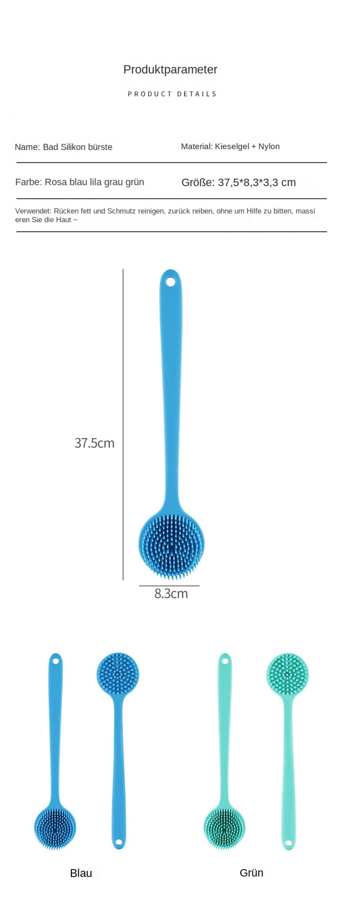 Eine lange, blaue Silikon-Bürste mit Borsten und einem Loch im Griff.