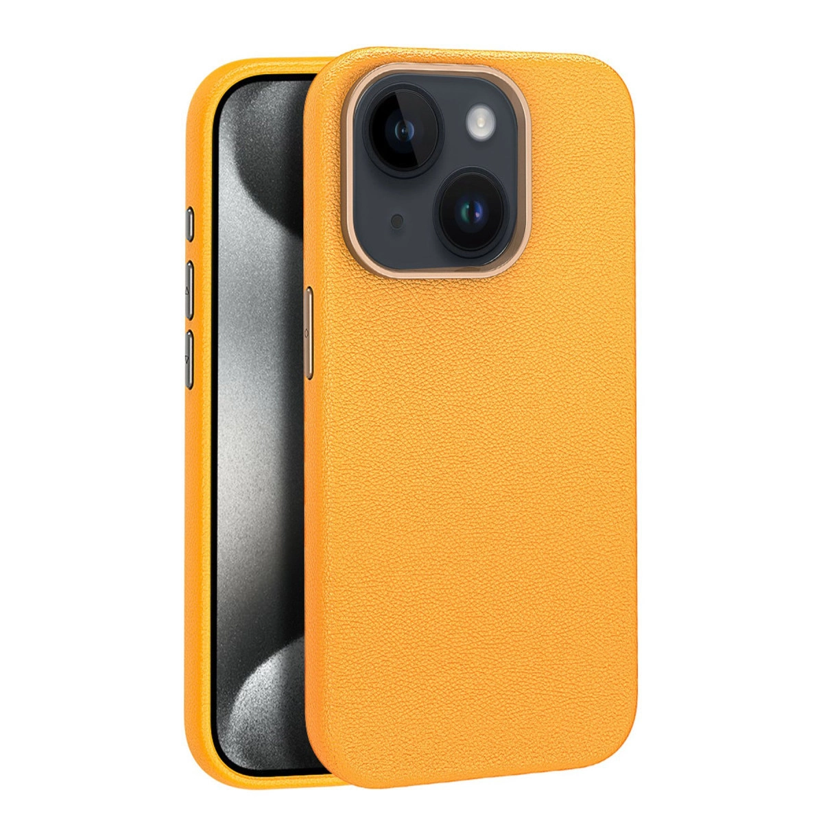 Kamera oyuntulu turuncu telefon kılıfı, beyaz arka plan üzerinde.
