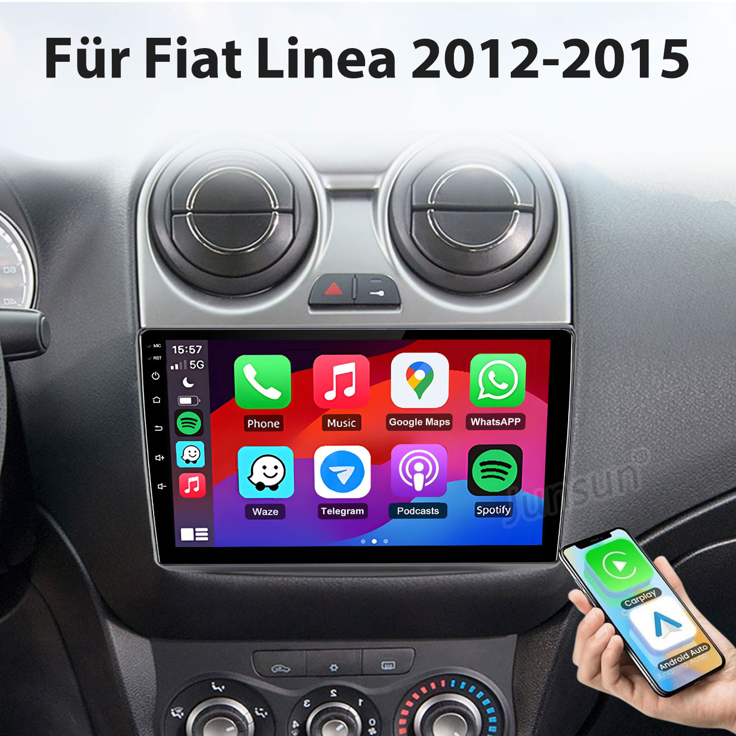 Armaturenbrett eines Fiat Linea 2012-2015 mit Touchscreen-Radio, das Apps zeigt.