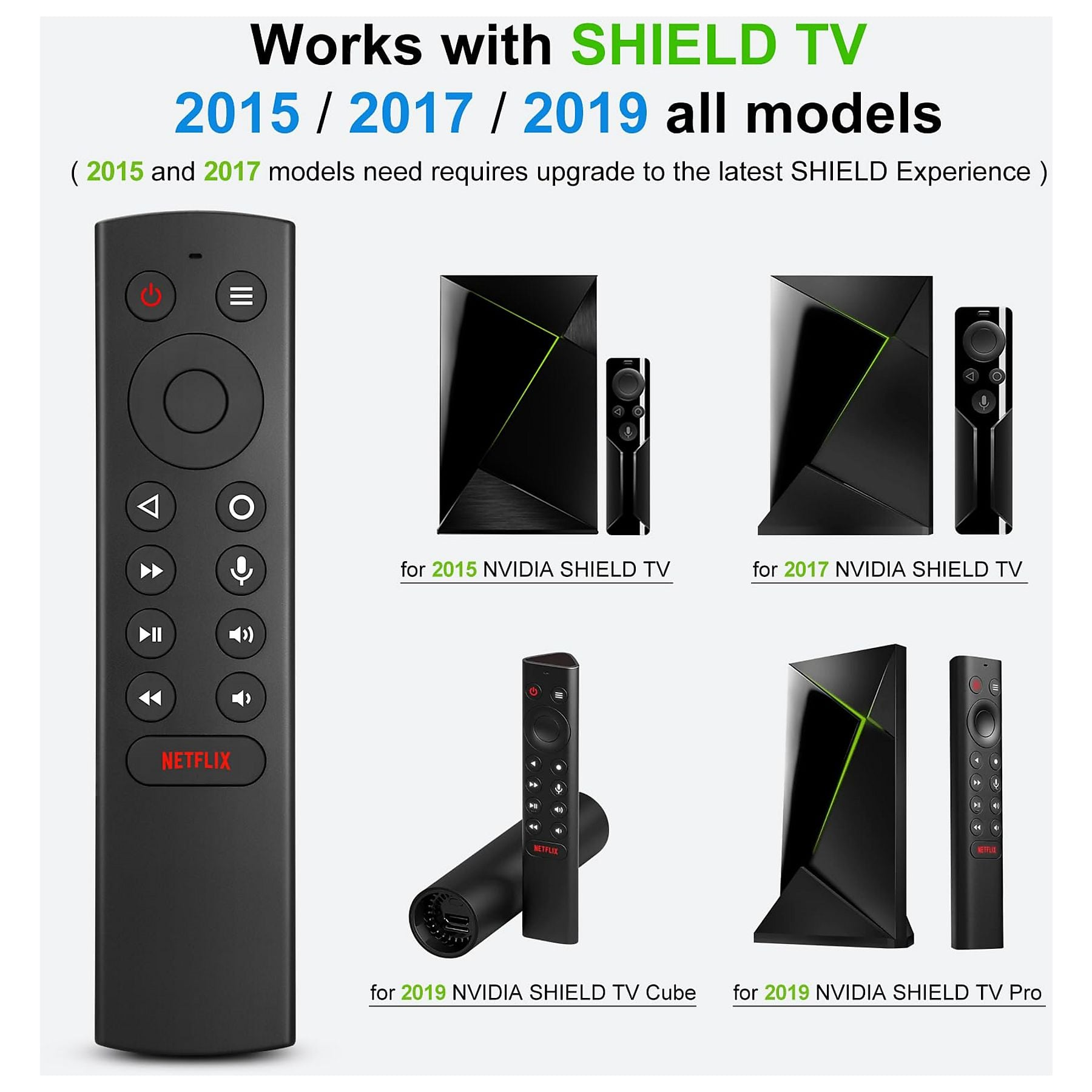 Fernbedienungen und SHIELD TV-Modelle für 2015, 2017 und 2019.