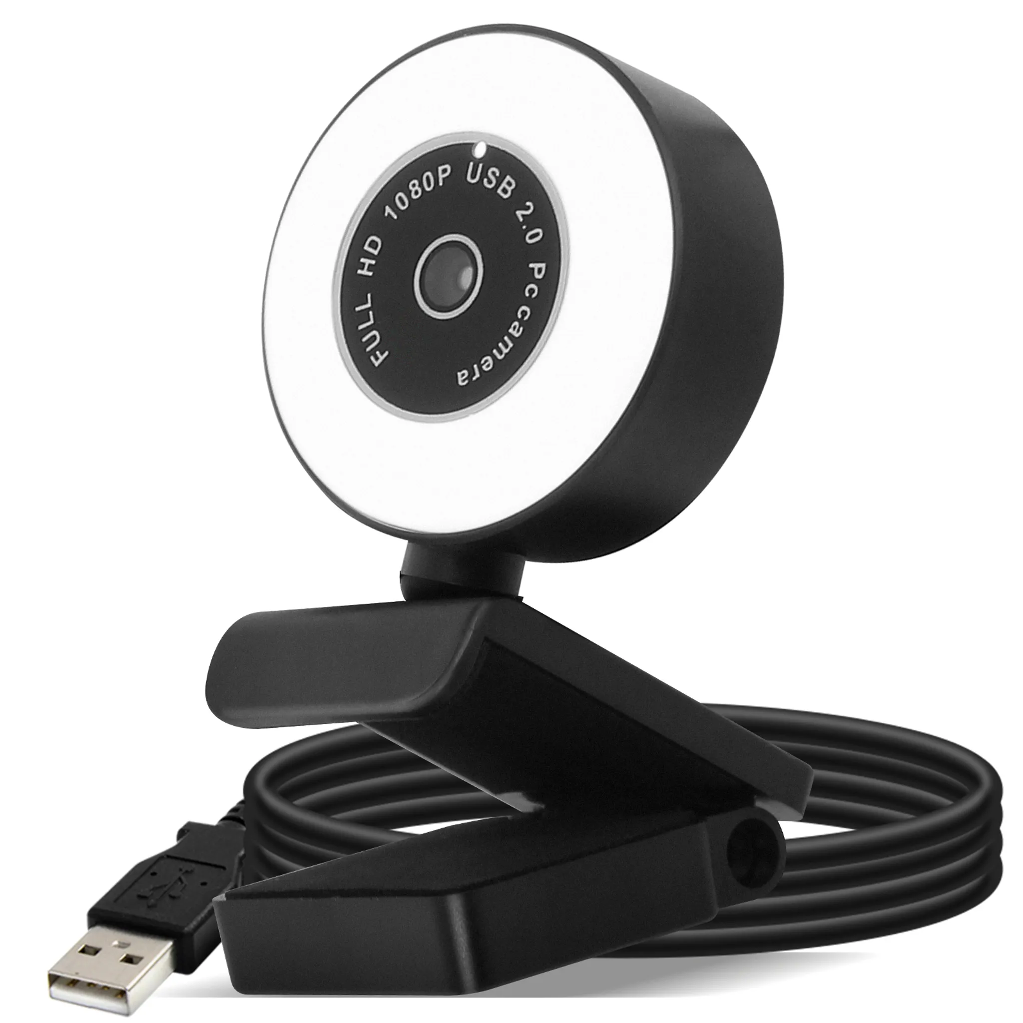 Eine schwarze 1080p HD-Webcam mit USB 2.0 und Ringlicht.