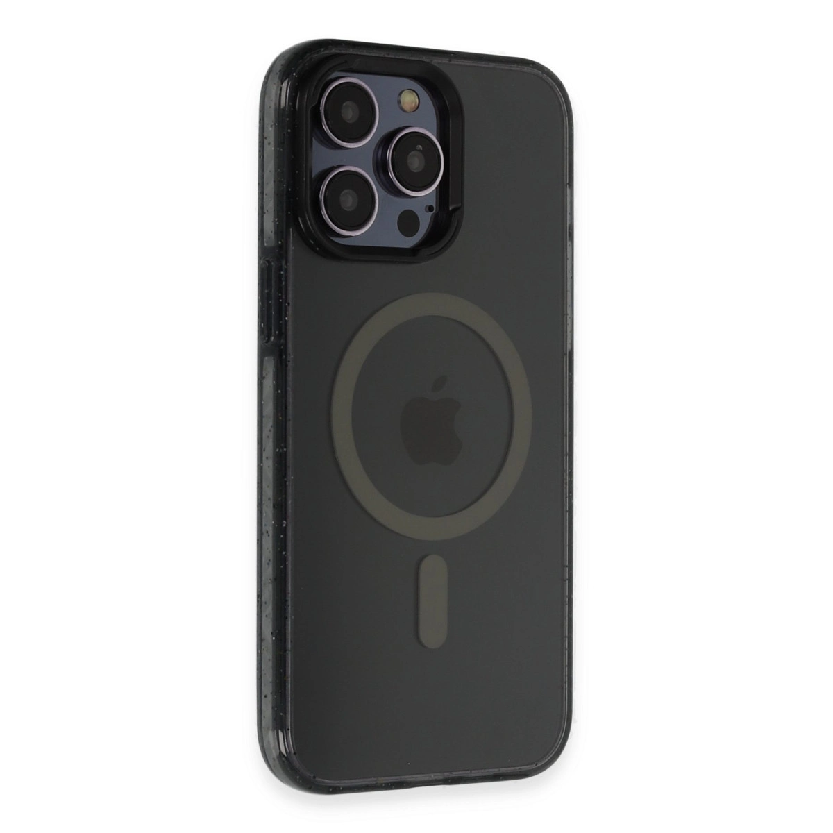 Kameralı ve Apple logolu koyu renk iPhone kılıfı.