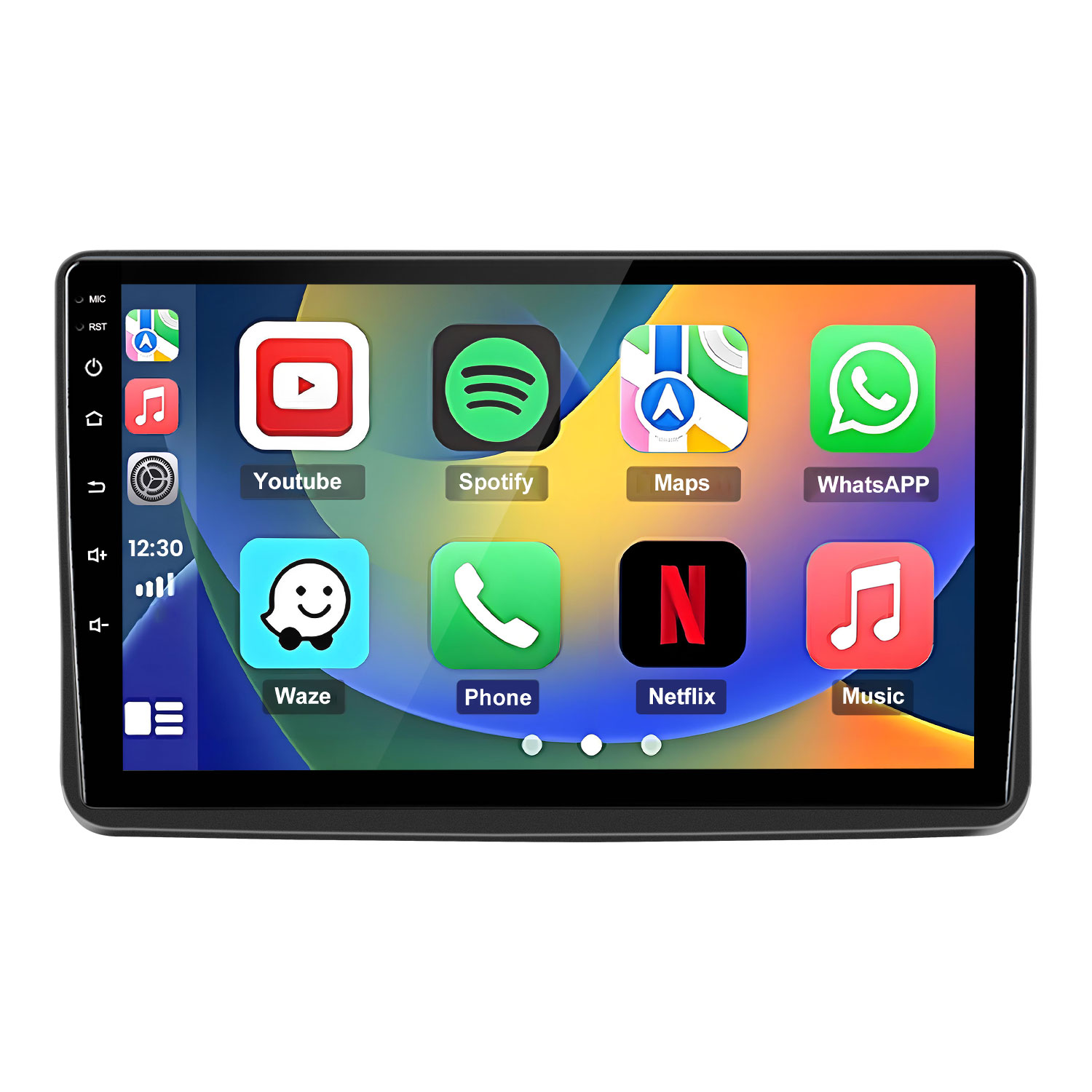 Ein Autoradio-Bildschirm mit App-Symbolen: Youtube, Spotify, Maps, WhatsApp, Waze, Phone, Netflix, Music.