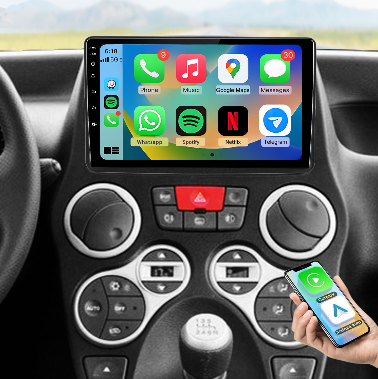 Ein Smartphone zeigt Apps wie Telefon, Musik, Karten und Nachrichten an.