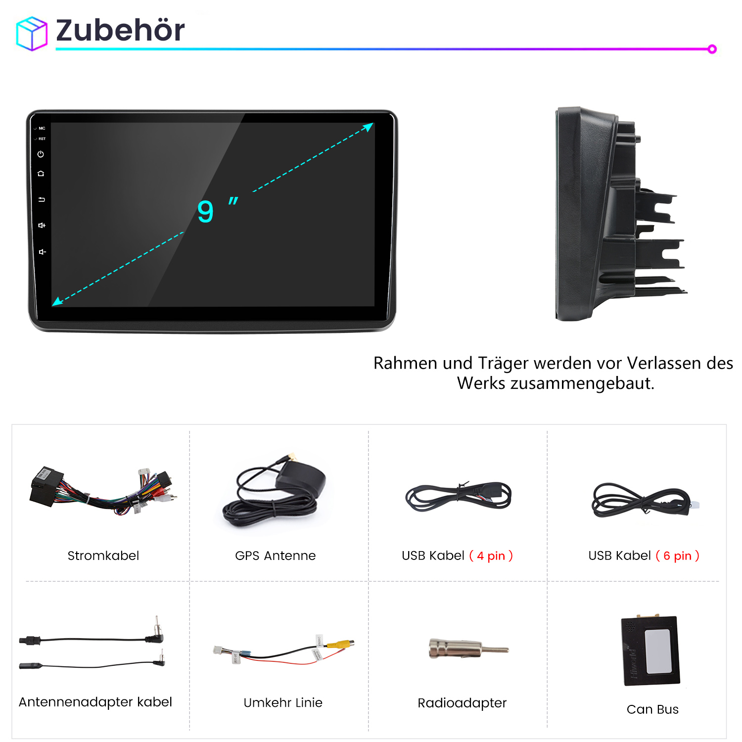 9-Zoll-Bildschirm und Zubehör: Kabel, Antennen, Adapter und Can Bus.