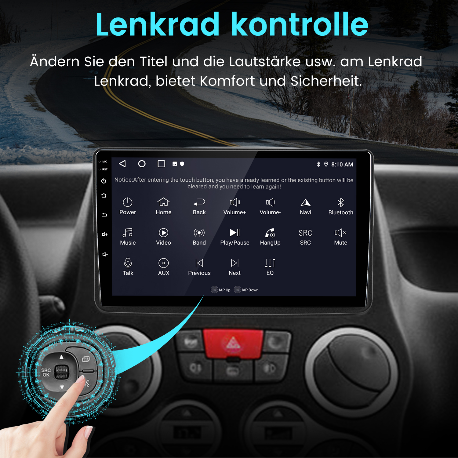 Fahrzeug-Infotainmentsystem mit Touchscreen und Lenkradsteuerung, zeigt verschiedene Funktionen.