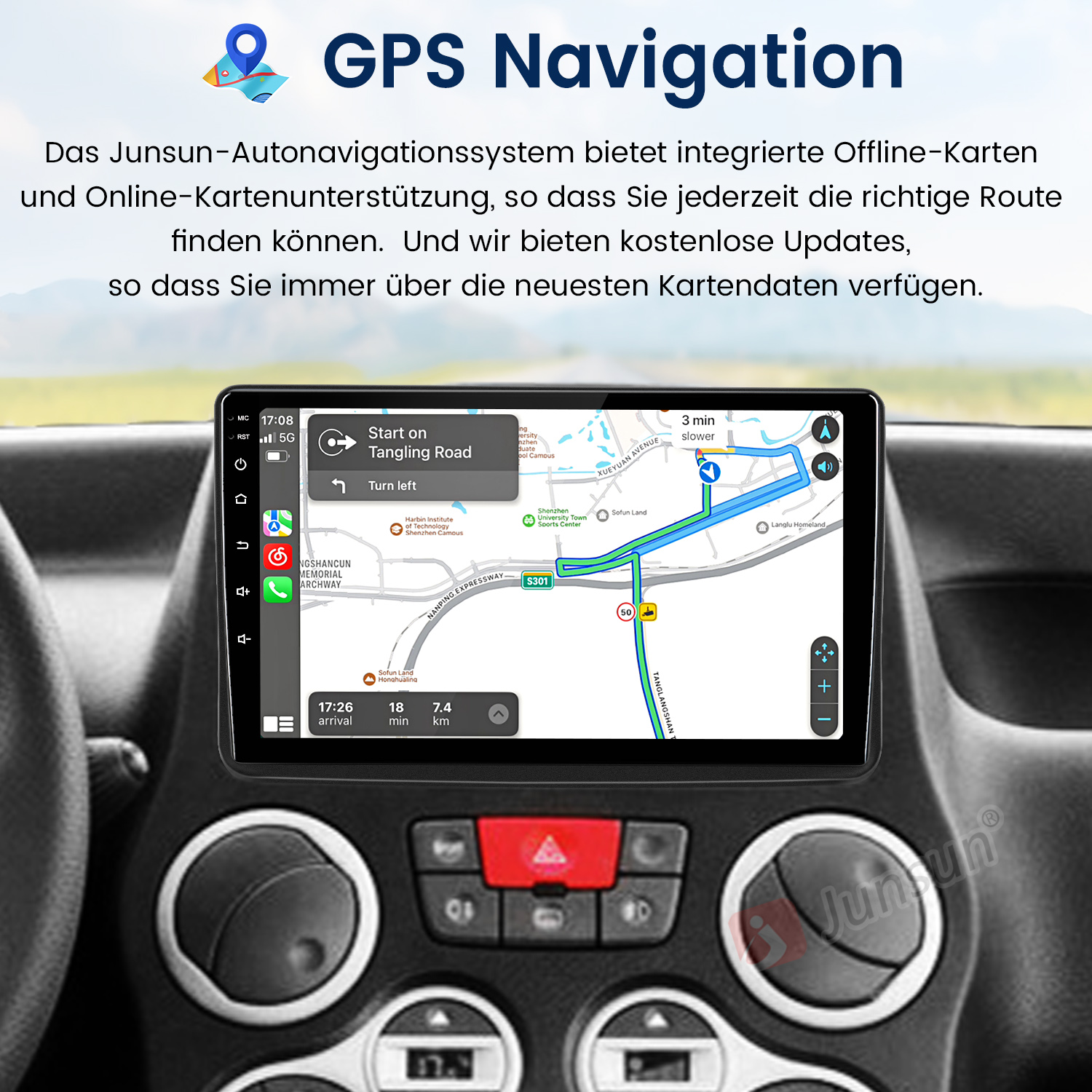 Ein Auto-Navigationssystem mit Kartenansicht auf dem Bildschirm, das eine Route anzeigt.