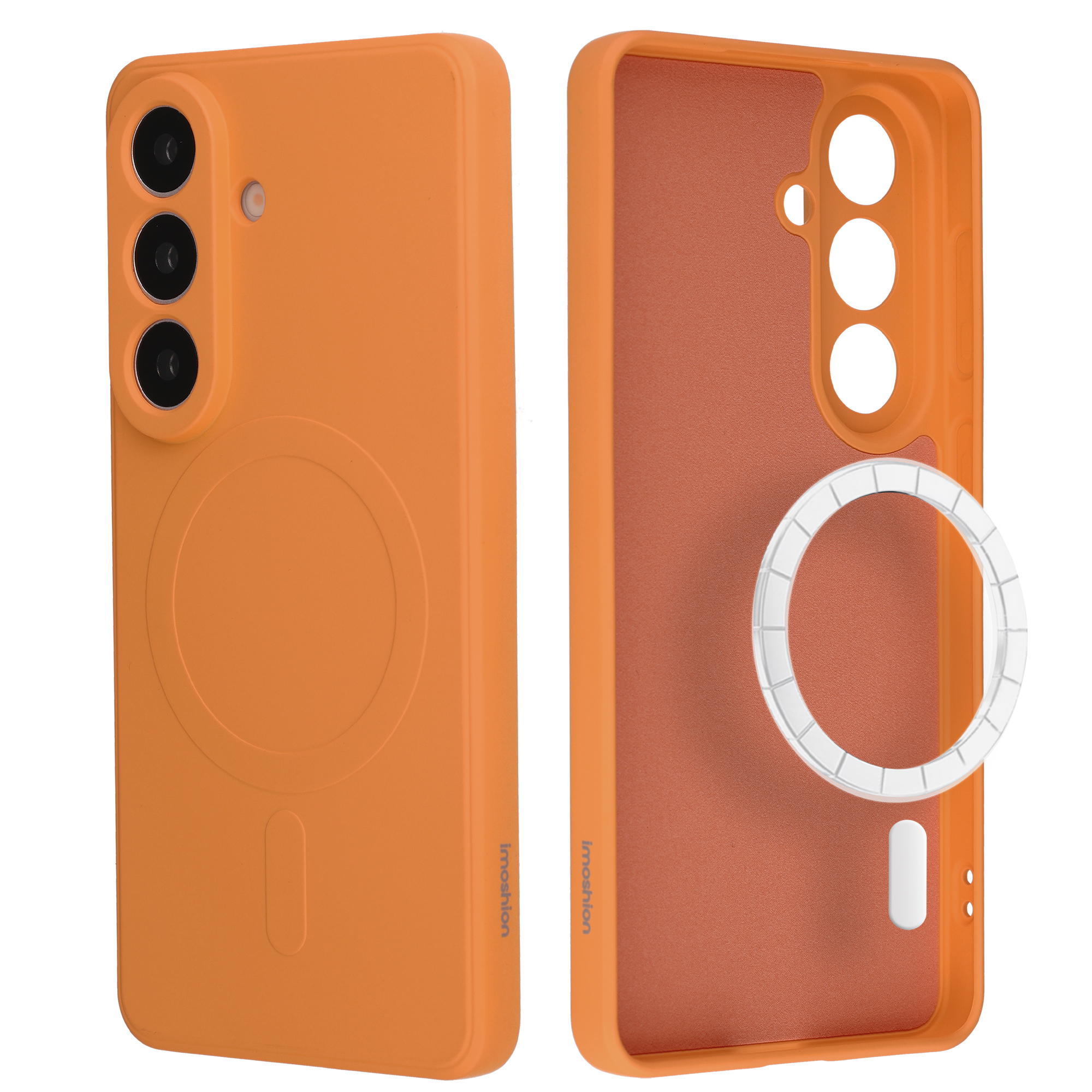 Coque orange avec découpe caméra et anneau magnétique. Intérieur rouge.