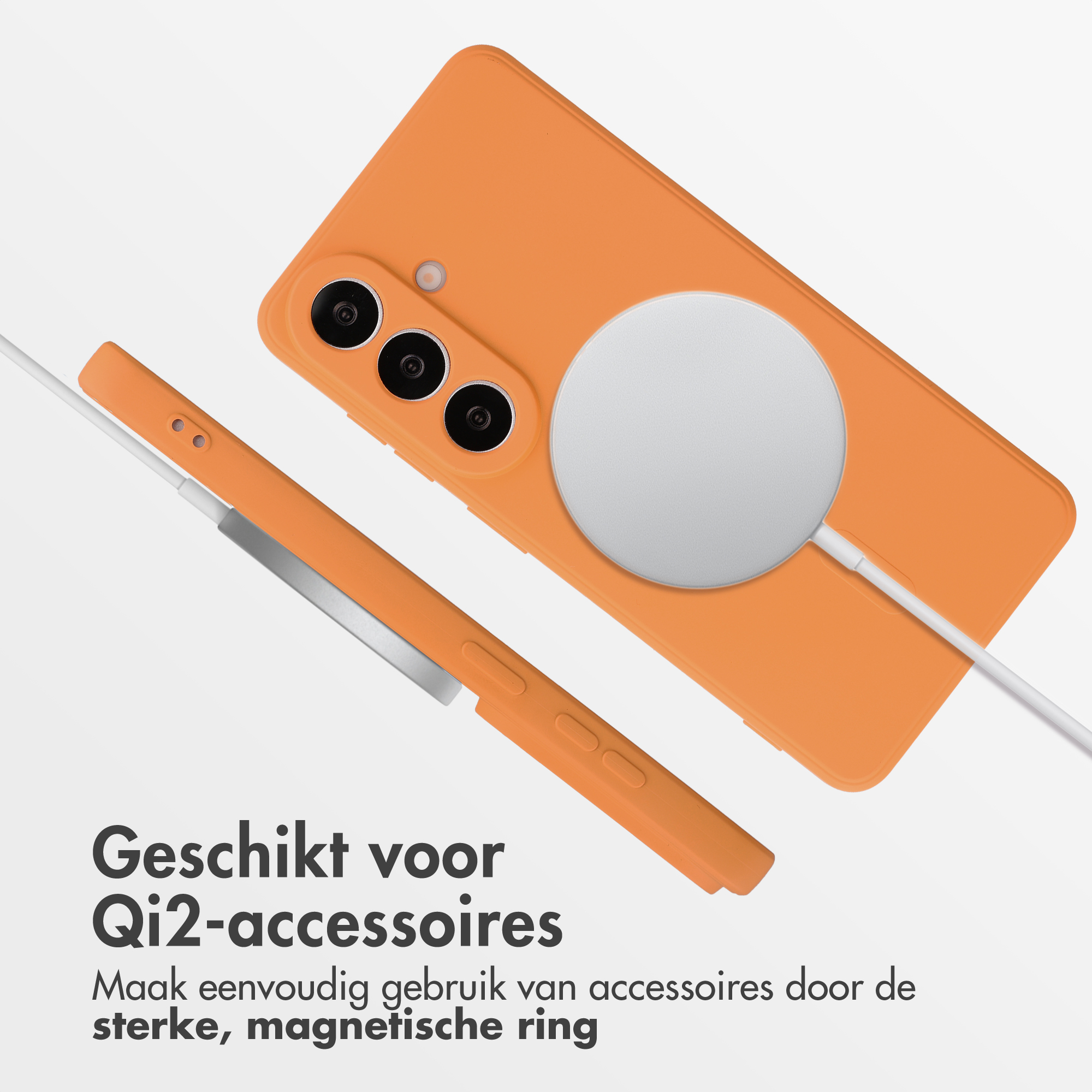 Coque de téléphone orange avec accessoire magnétique Qi2 et câble.