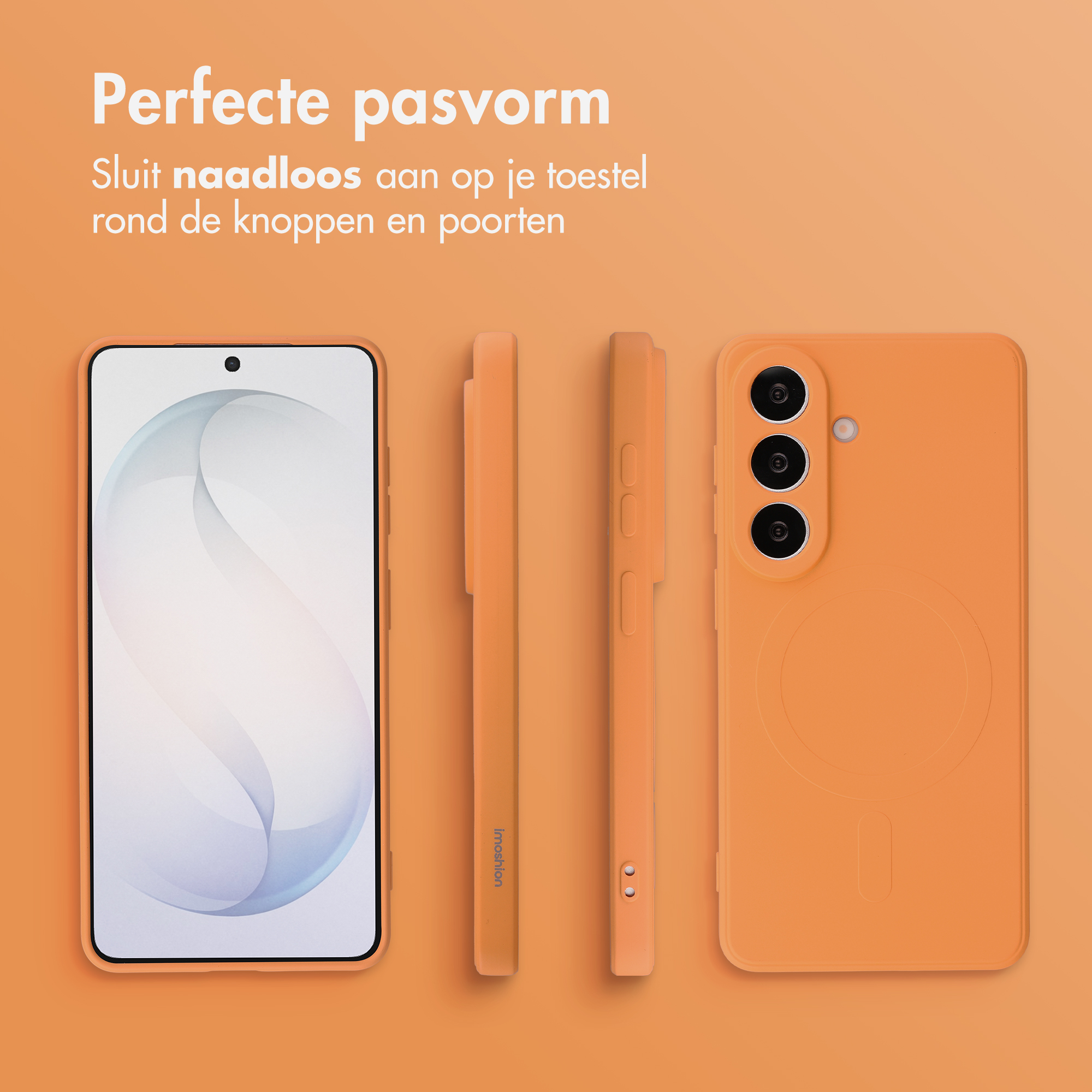 Un smartphone orange avec une coque, montré sous différents angles sur fond orange.